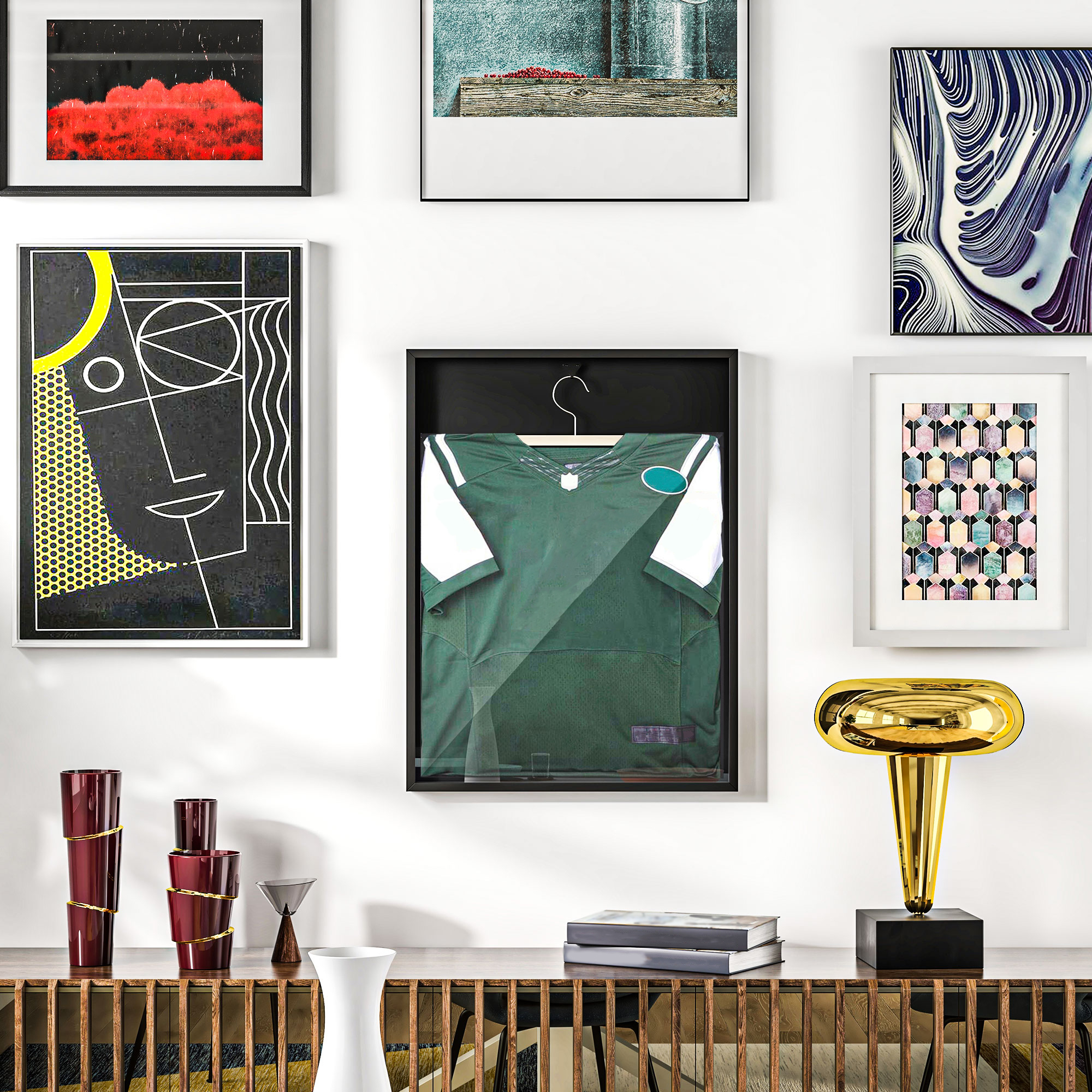 Trikot-Display, Kleiderbügel, Aluminiumrahmen, UV-beständige Acrylfront, Schwarz