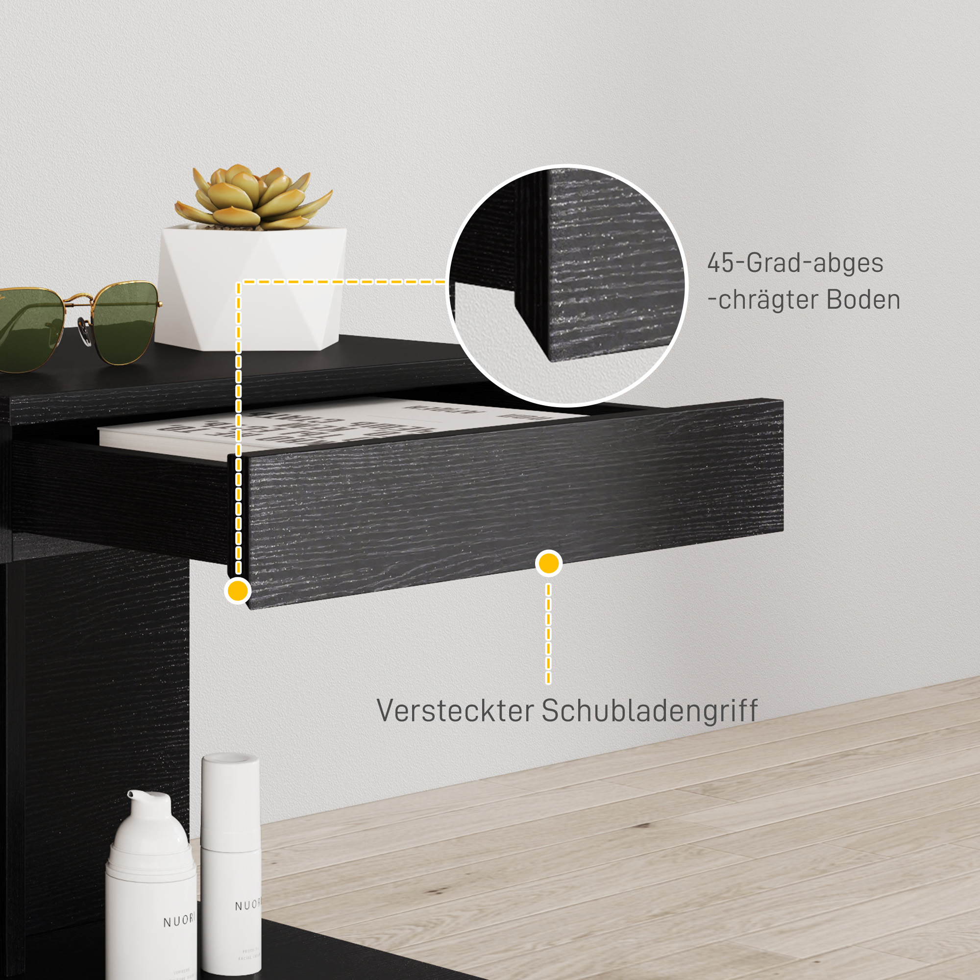 Nachttisch, Beistelltisch mit Schublade und Ablagefach, Moderner Sofatisch mit Regal für verschiedene Räume, Schwarz