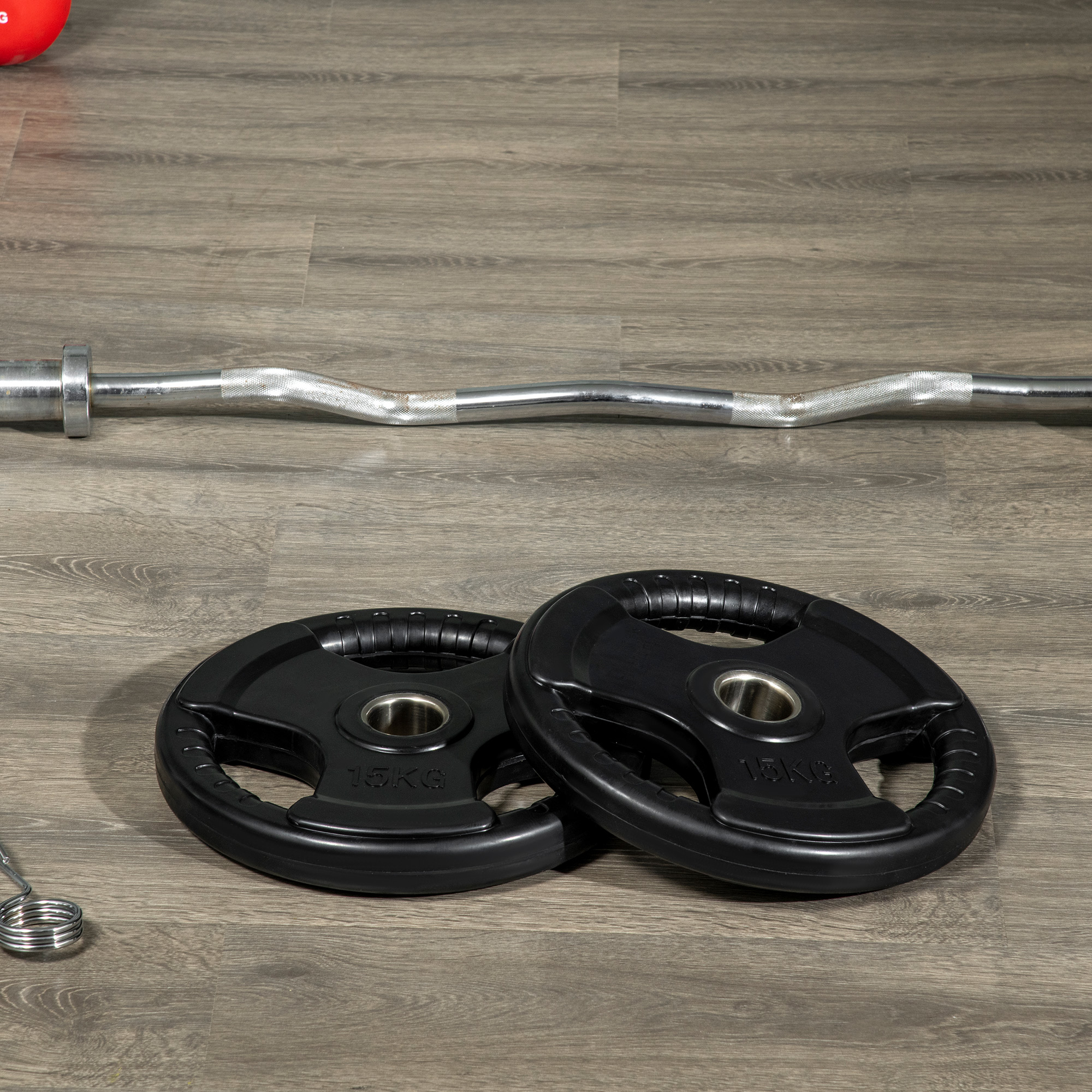 Hantelscheibe, 2er-Set, 15 kg pro Scheibe, drei Griffe, bodenschonender Gummimantel, Metall