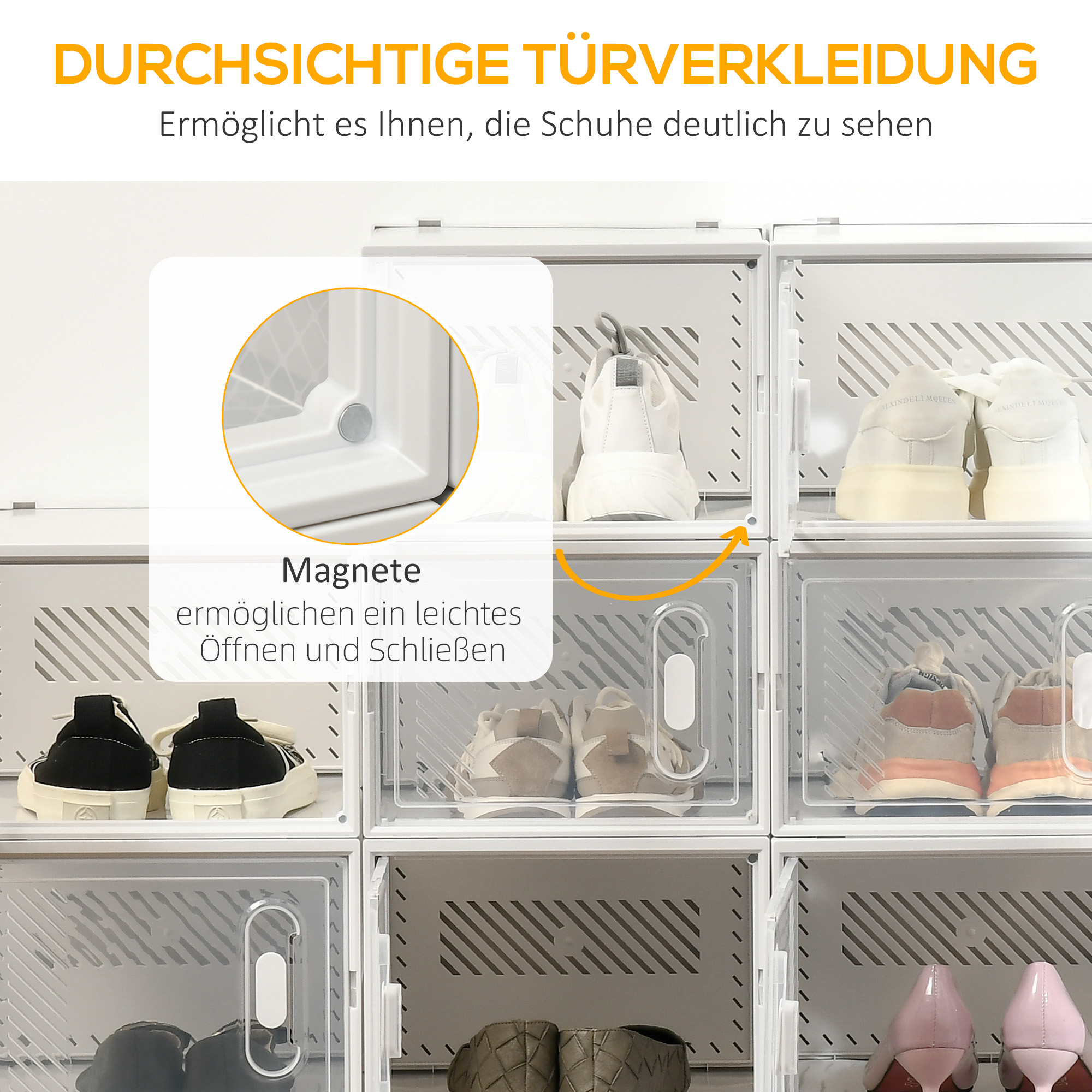 18-teiliges Schuhregal, stapelbare Schuhboxen für Schuhe bis Größe 45, magnetische Türen, Kunststoff, 28 x 36 x 21 cm