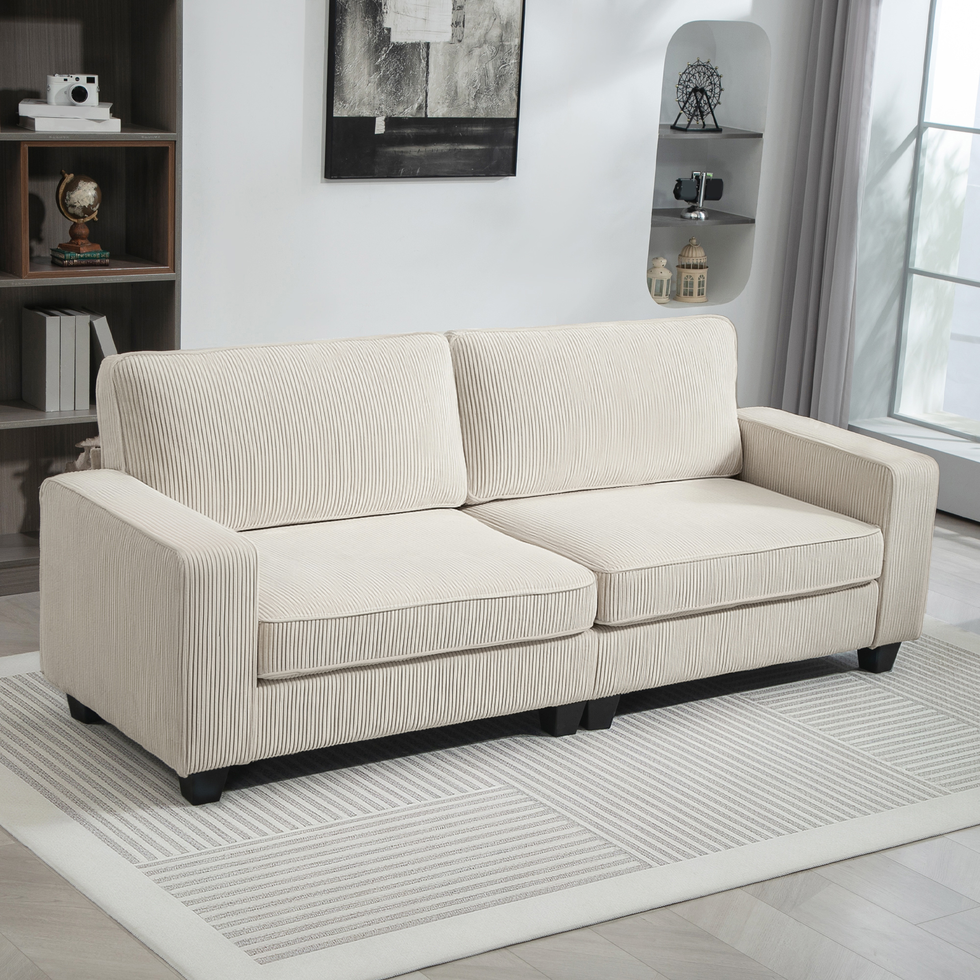 3-Sitzer Sofa mit Cordbezug, Wohnzimmersofa mit Federkern, bis 400 kg, 227 x 84 x 87 cm, Cremeweiß