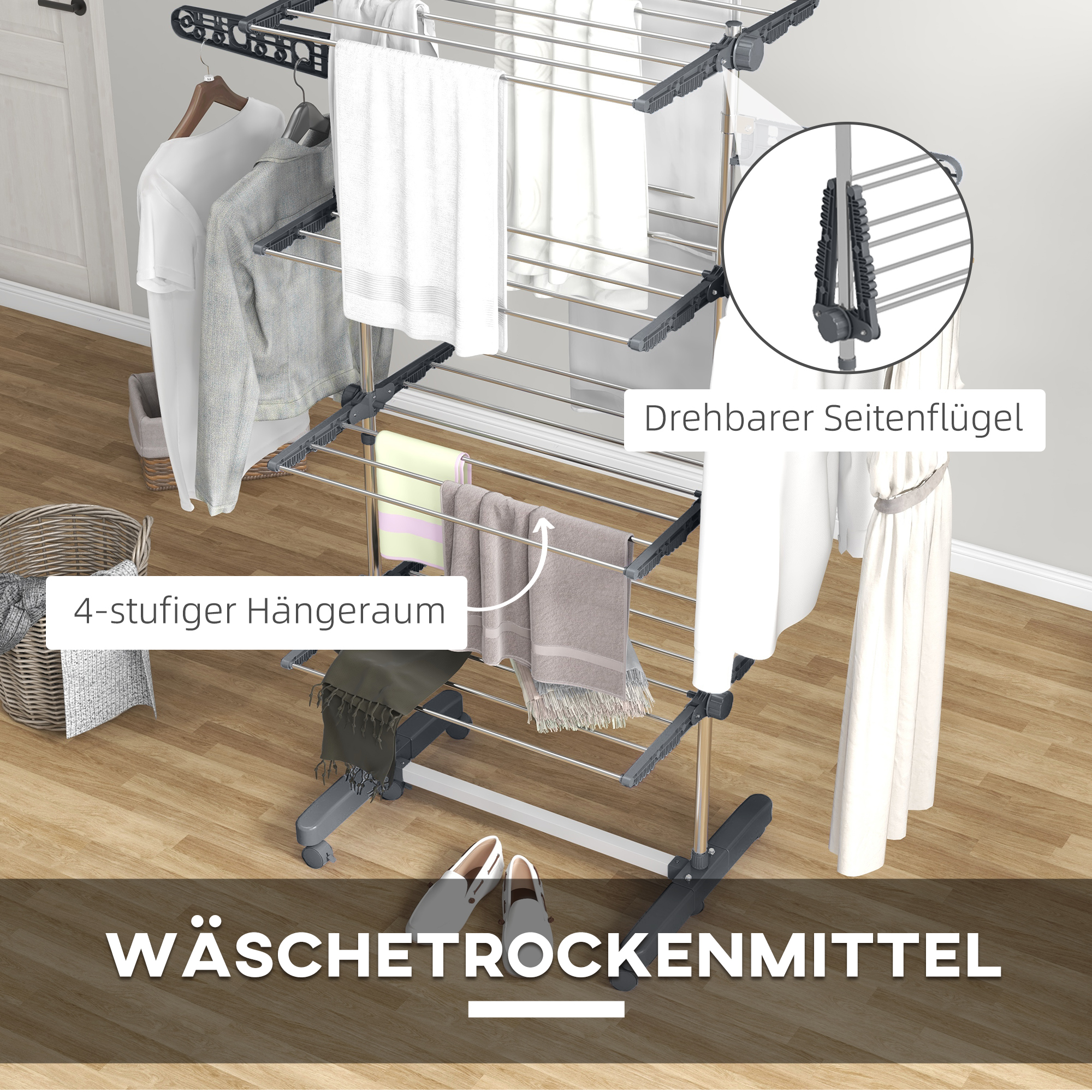 Wäschenständer Wäschetrockner 5 Ebenen, klappbar, One-Klick-System, 142 cm x 55 cm x1 72 cm, Grau + Silber