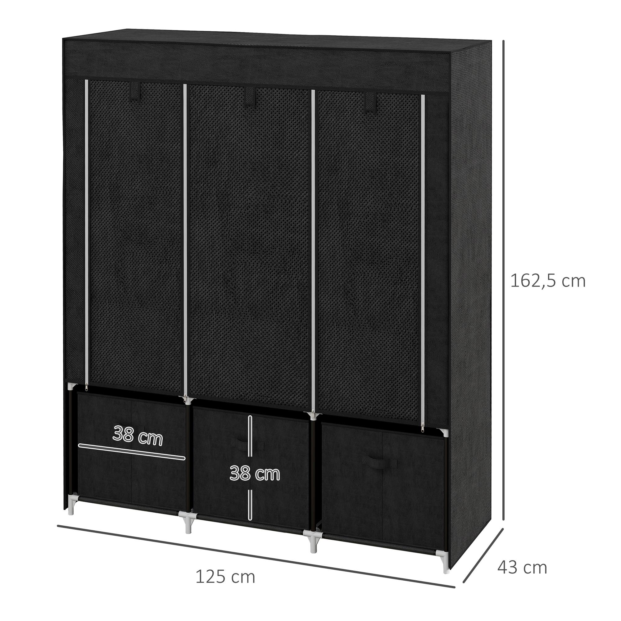 Stoffschrank aus Vlies, Faltschrank, inkl. 3 Schubladen, 125 cm x 43 cm x 162,5 cm, Schwarz
