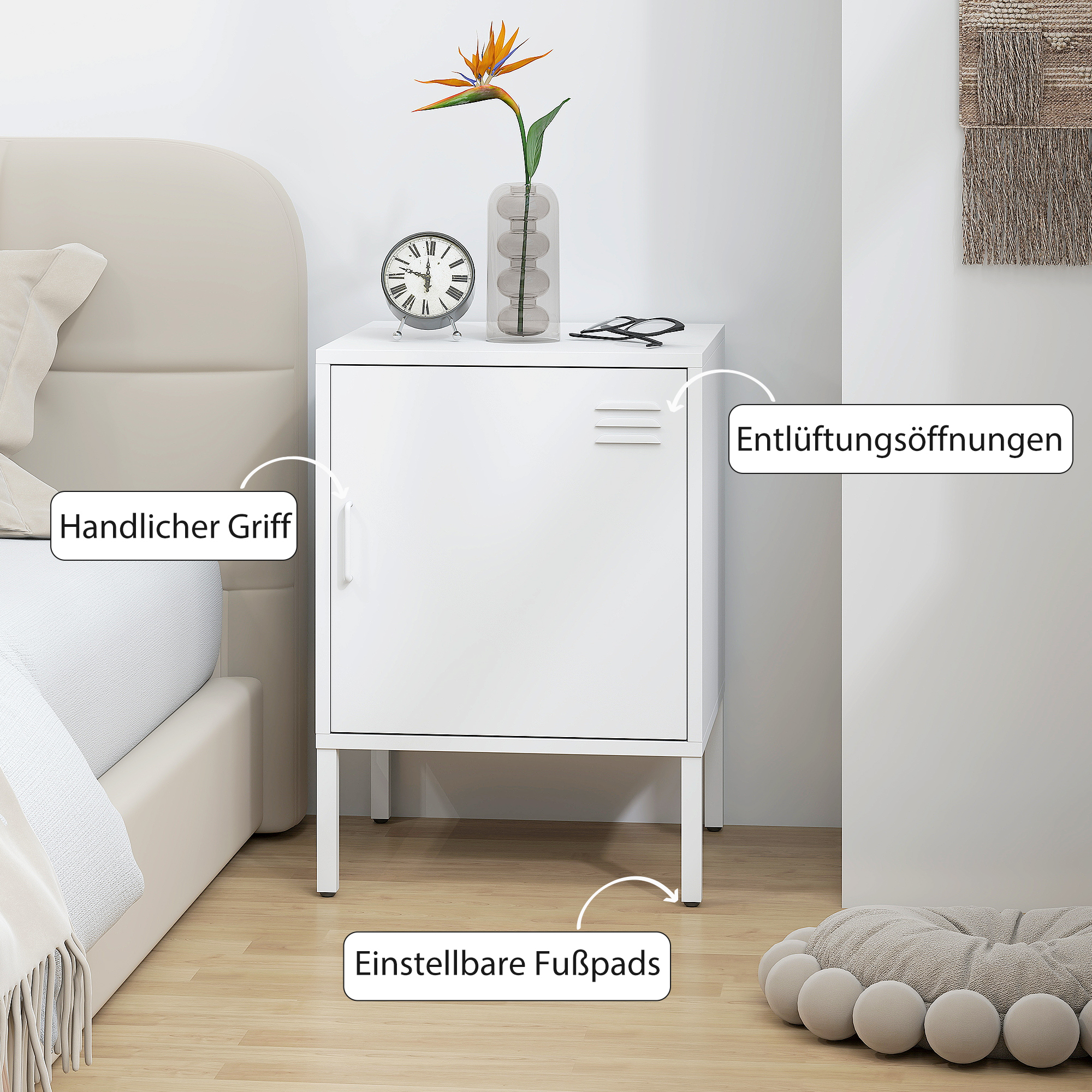 Nachttisch aus Stahl, Beistelltisch für verschiedene Zwecke, verstellbares Regal, für Schlafzimmer, Wohnzimmer, Weiß