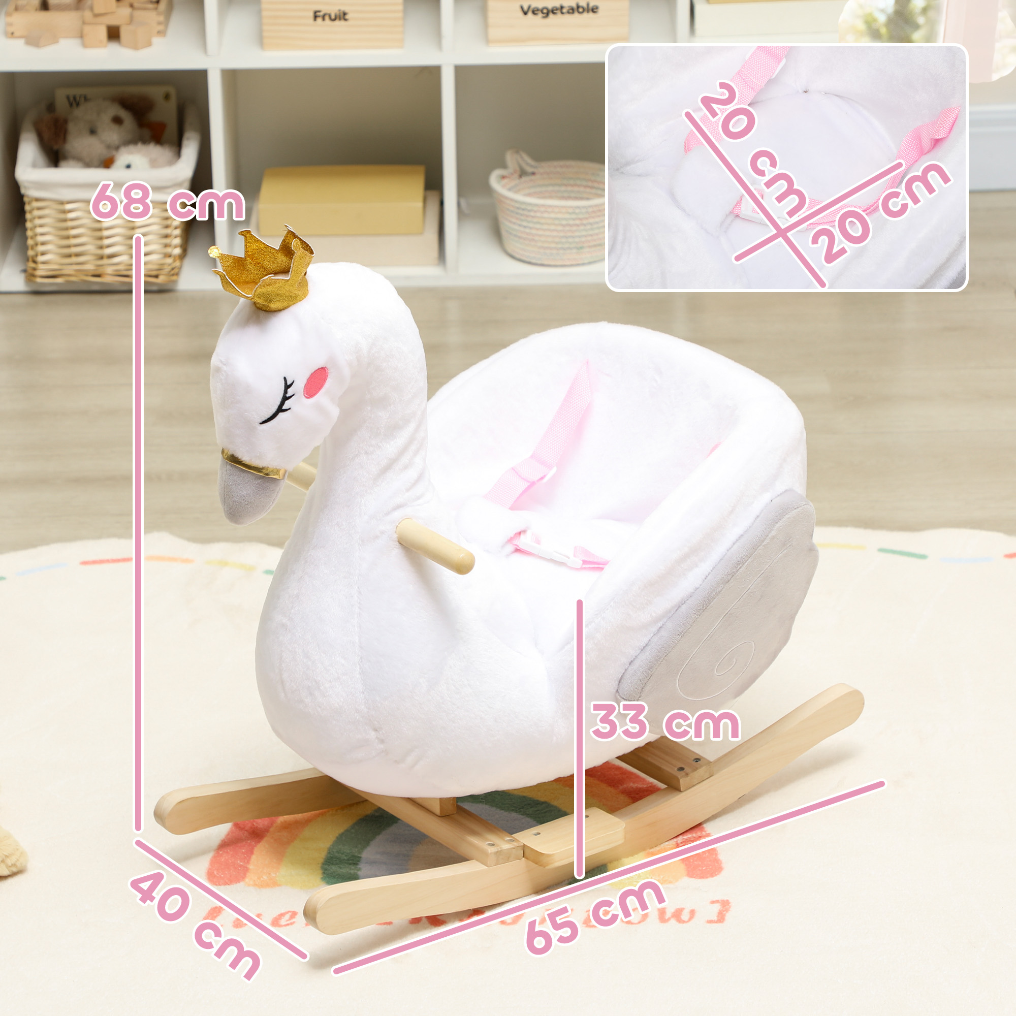 Schaukeltier, Schwan-Schaukel mit Schlaflied, weicher Füllung, Holzrahmen, für Kinder 1,5-3 Jahre, 65x40x68 cm, Weiß