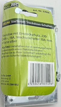 DELPHI Set Steckdose + Schalter + Rahmen, 250V~/ 16A, Steckanschluss, silber