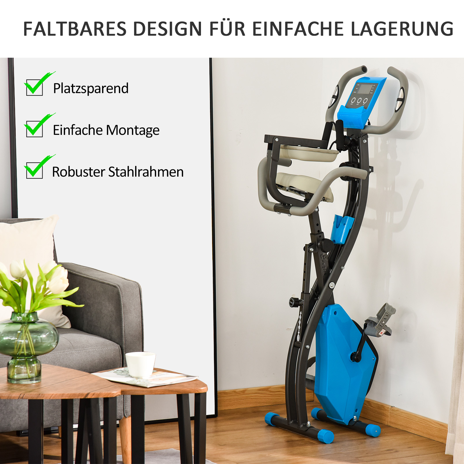 Heimtrainer X-Bike 2-in-1 Fahrradtrainer mit LCD-Display,Pulsmesser, klappbarer Hometrainer Trimmrad mit 8 stufig Magnetwiderstand, 1 Paar Spannseil, Stahl Blau 105x48x118 cm