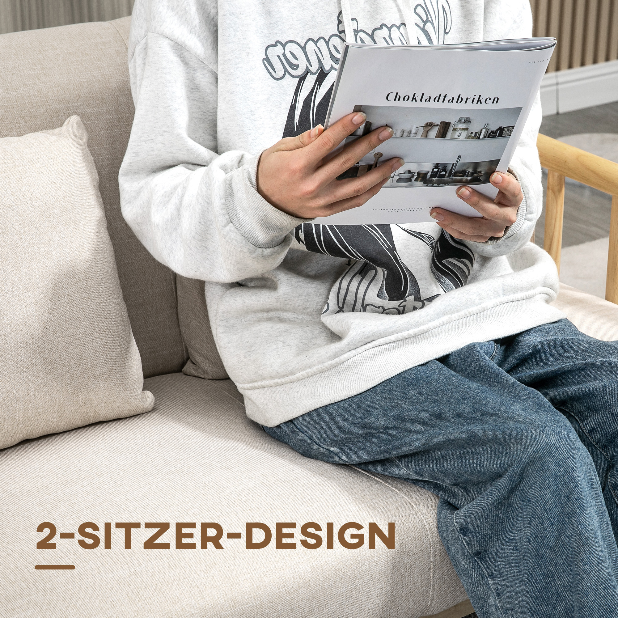 2-Sitzer Sofa, Stoffbezug in Leinenoptik, kompakt, bis 200 kg, Holzrahmen, 123L x 69B x 74H cm, Beige