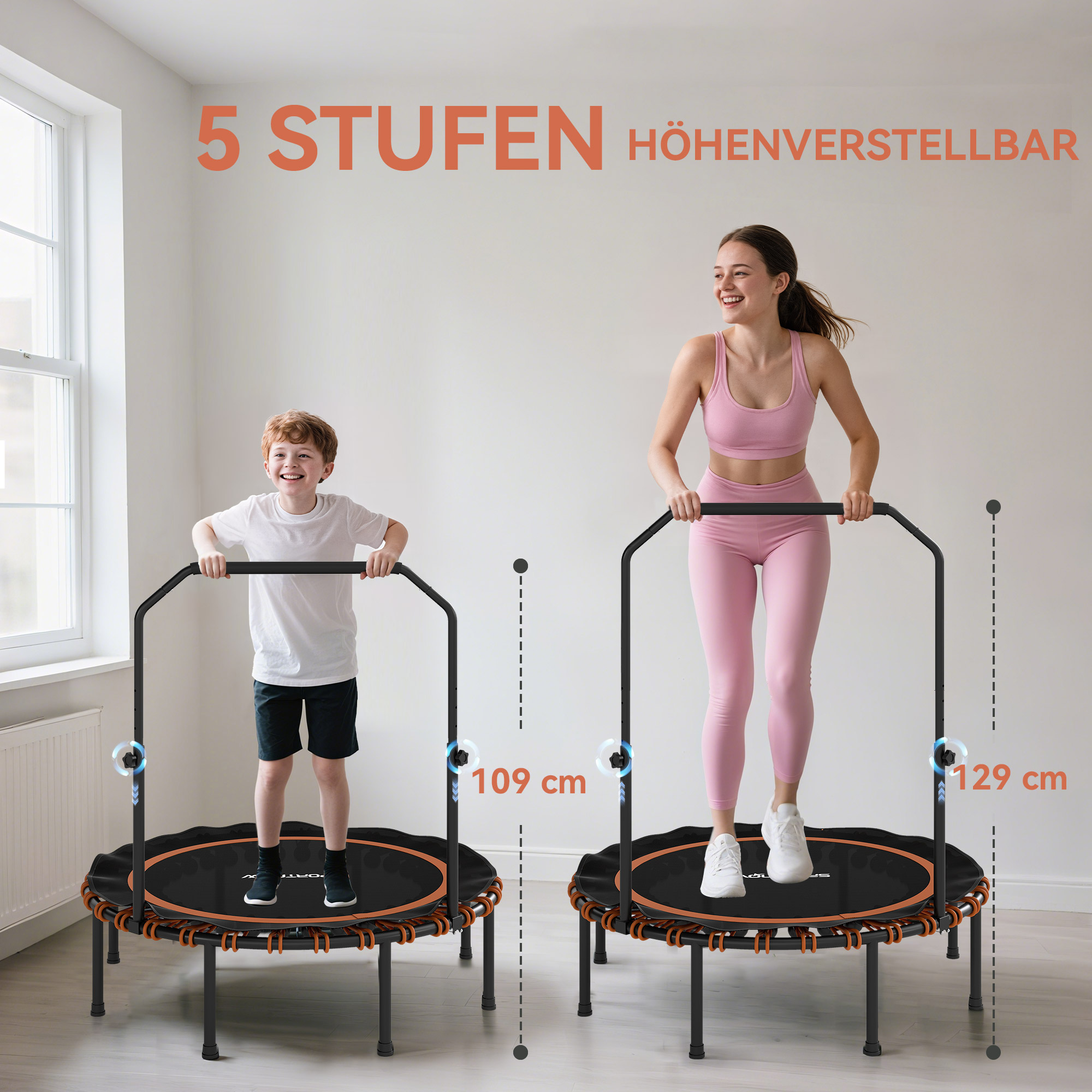 Fitness-Trampolin mit verstellbarem Handlauf, Sport-Trampolin für drinnen und draußen, Stahl, Kunststoff, Orange
