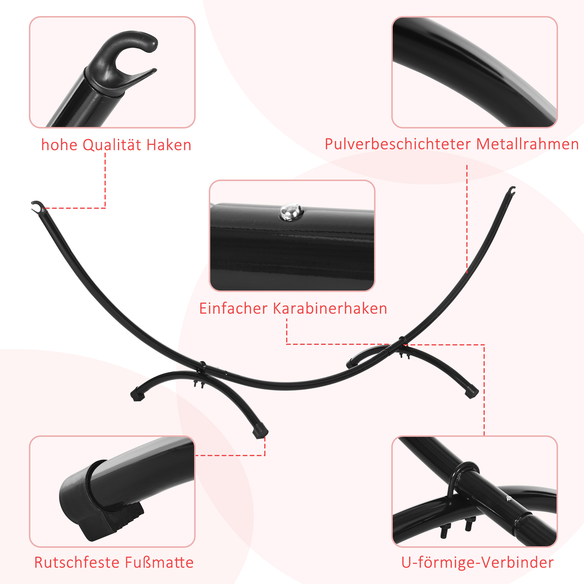 Hängemattengestell Outdoor aus Stahl 300cm x 90cm x100cm Hängemattenständer mit Zugseil bis 120 kg Hängesessel Gestell für Garten Strand Camping Schwarz