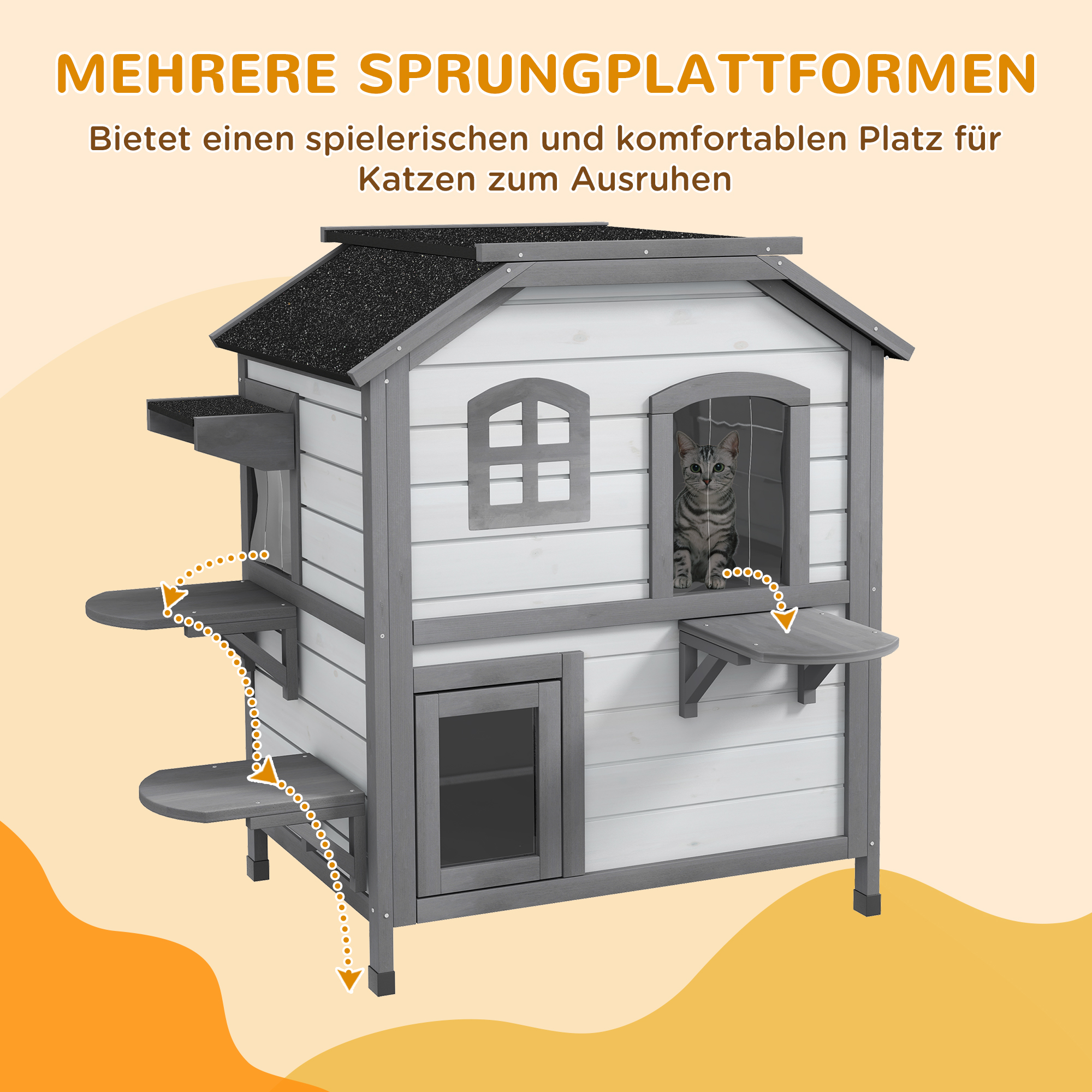 Katzenhaus Katzenhütte Katzenhöhle, 2 Stockwerke, wetterbeständig, 78,1 cm x 55,2 cm x 90,8 cm, Weiß + Grau