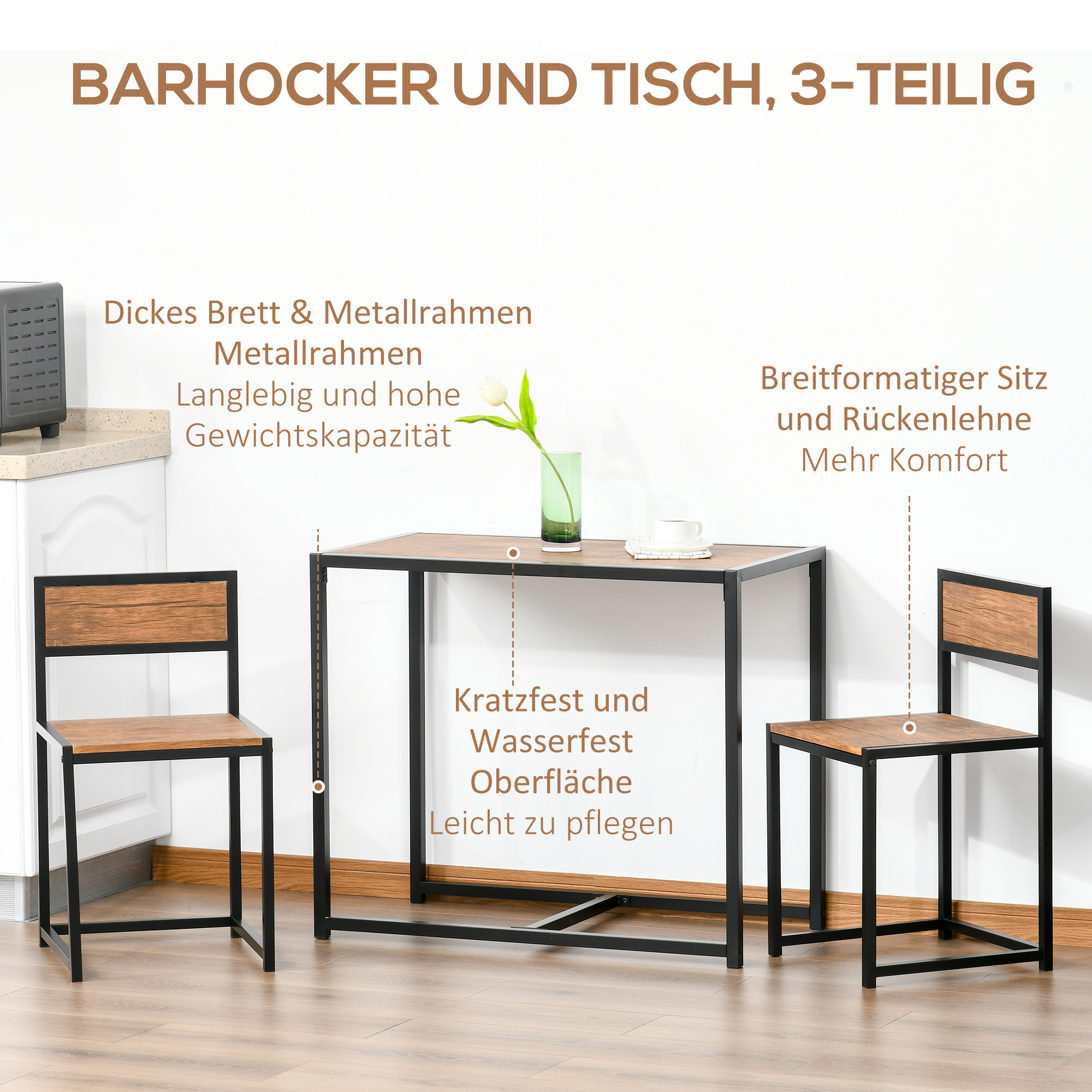 3-teiliges Bartisch-Set Hochtisch-Set 3-teilig, 2 Stühle, 1 Tisch, 90 cm x 47 cm x 76  cm, Braun + Schwarz