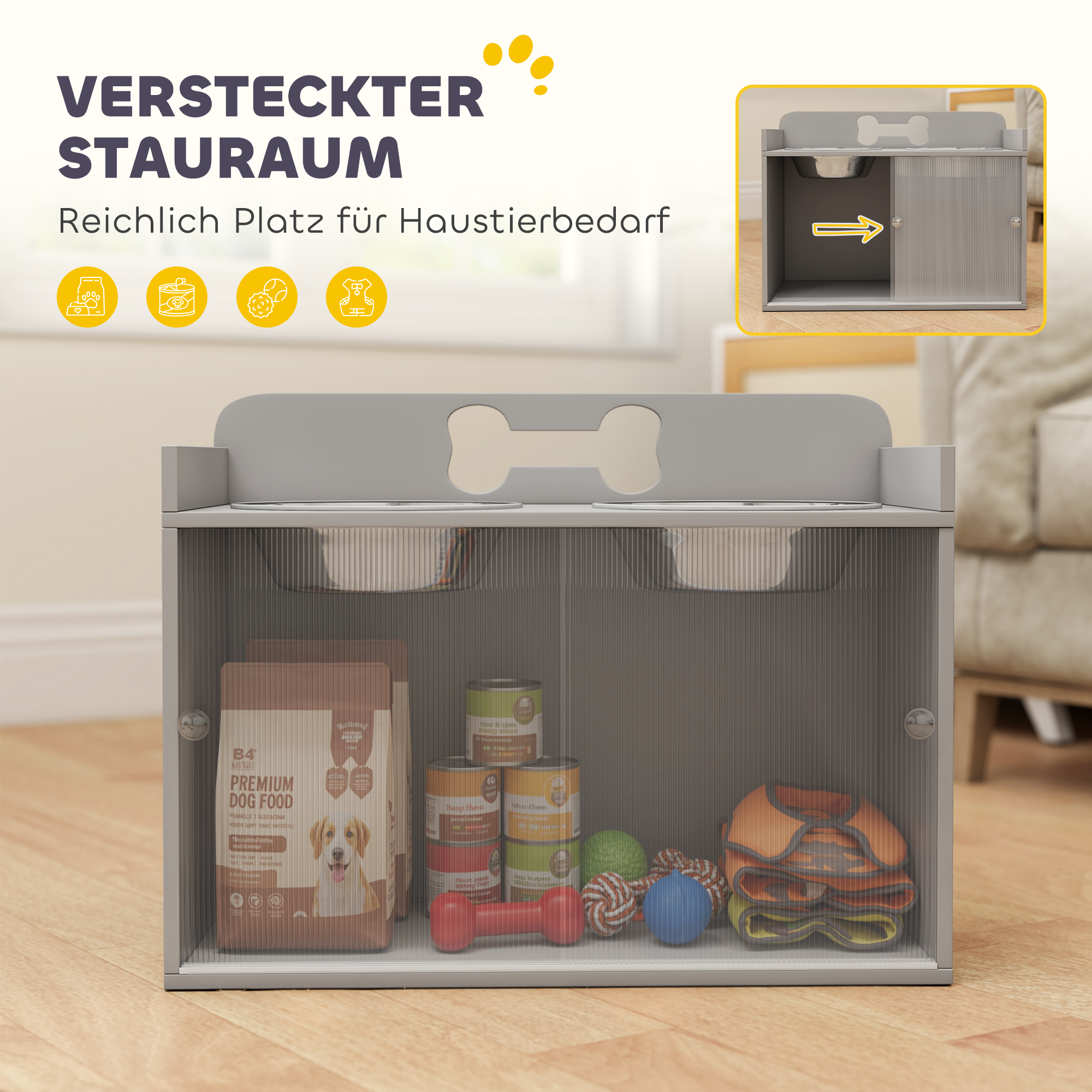 Erhöhte Futterstation mit 2 Näpfen und Schrank, MDF, Edelstahl, Knochenmuster, Grau