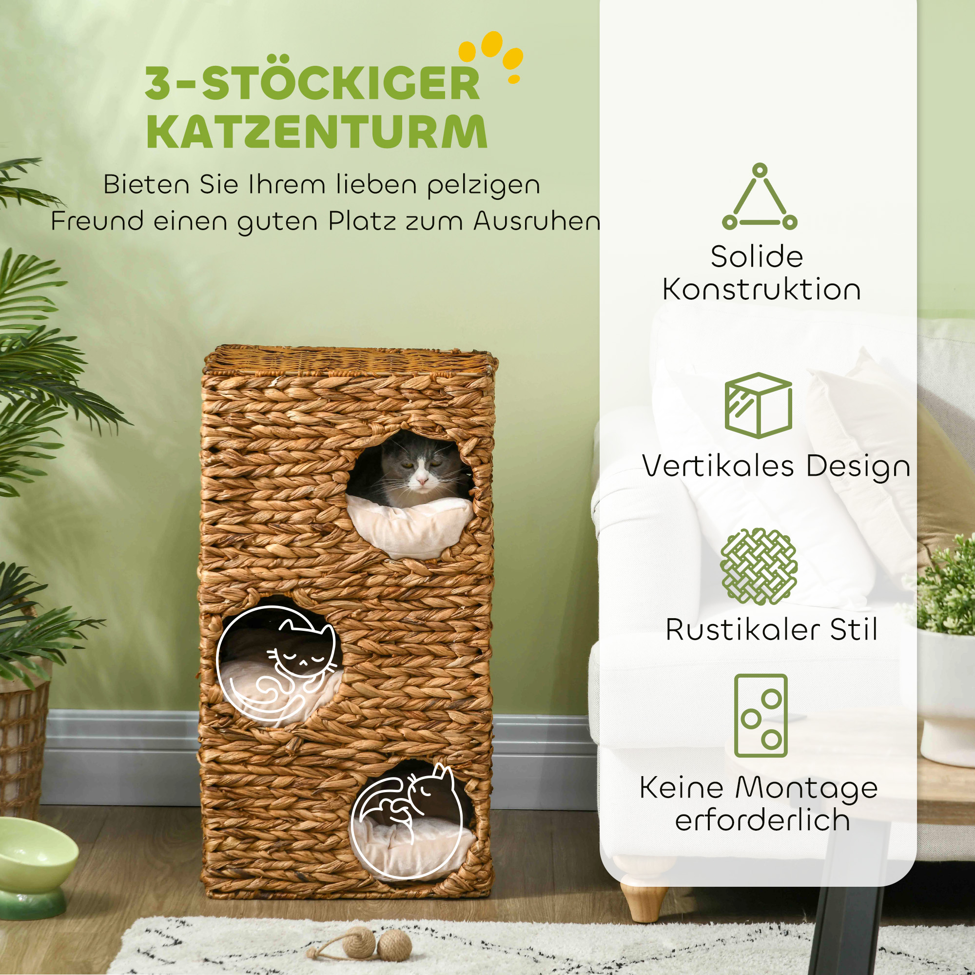 Katzenbaum mit Kratzturm, 3 Etagen, gepolsterte Kissen, Türöffnungen, Wasserhyazinthe, Hellbraun