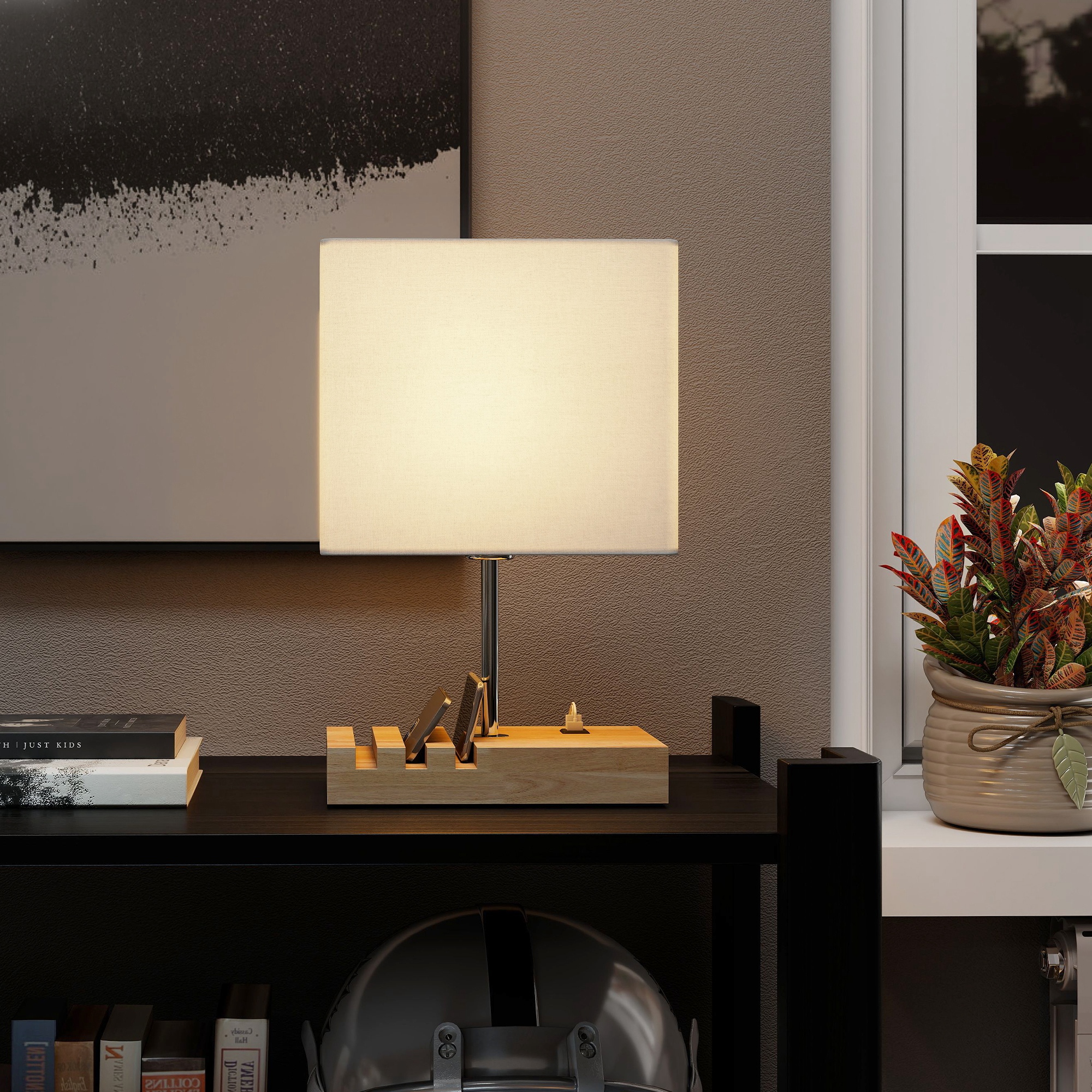 Nachttischlampe, USB-Anschlüsse, Holz, Stoff, Wippschalter, Ablagefächer, Weiß