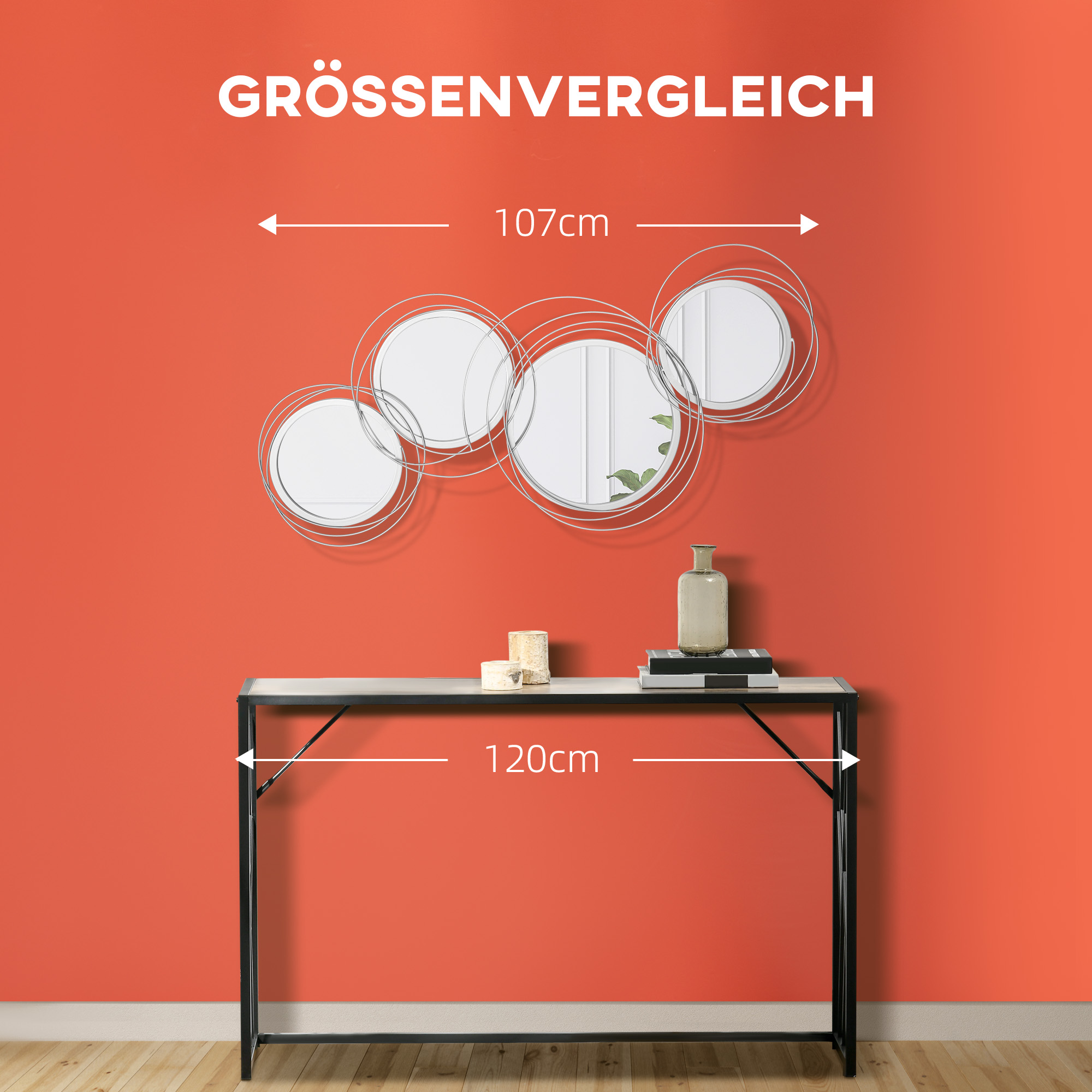 Spiegel-Set für Wanddekoration, Wandschmuck mit 4 runden Spiegeln, Wandspiegel, Flurspiegel,107 x 4 x 56 cm