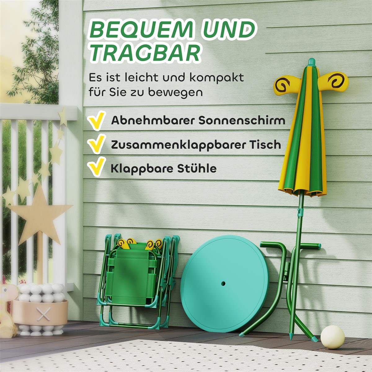 Gartenmöbel-Set für Kinder, Stühle, Tisch, Sonnenschirm, Bienen-Design, Grün+Gelb