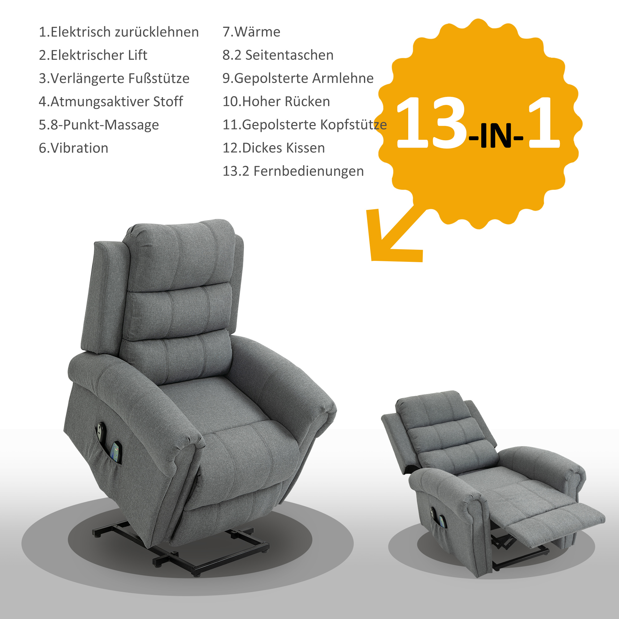 elektrischer Aufstehsessel Massagesessel mit Wärmefunktion Sessel mit Aufstehhilfe relaxsessel mit Fernbedienung Leinen Grau 90 x 91 x 106 cm