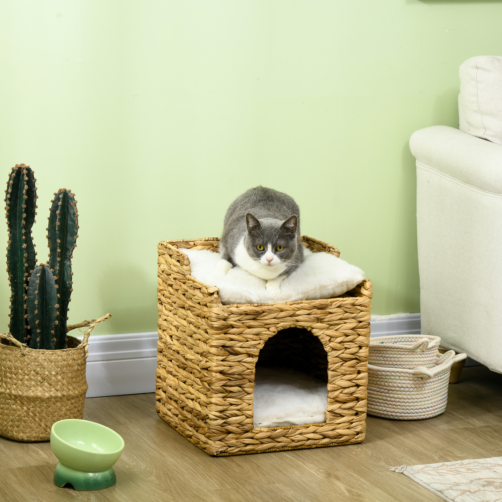Katzenhöhle aus Wasserhyazinthen-Gras, 2 Liegefläche, 2 waschbare Kissen, Natur + Weiß