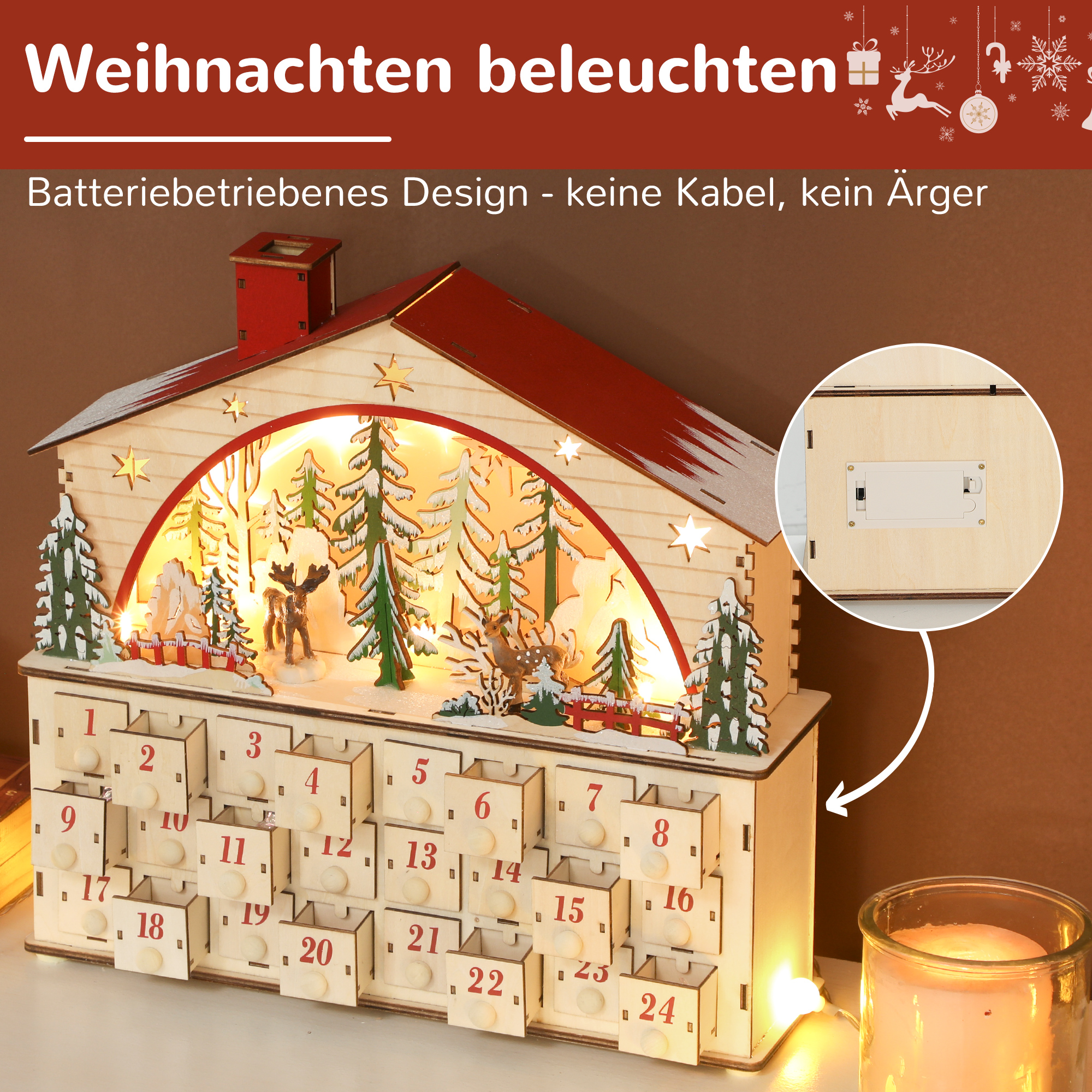 Adventskalender zum Befüllen 24 Schubladen Fächer Weihnachtskalender mit LED-Lichtern Naturholz 36 x 10 x 34 cm