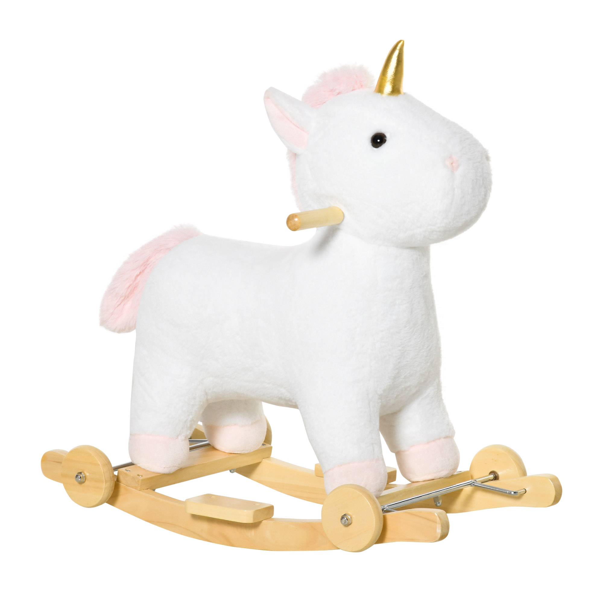 2-IN-1 Schaukelpferd mit Räder Plüsch Schaukeltier Babyschaukel Spielzeug Weiß 63 x 38 x 63 cm