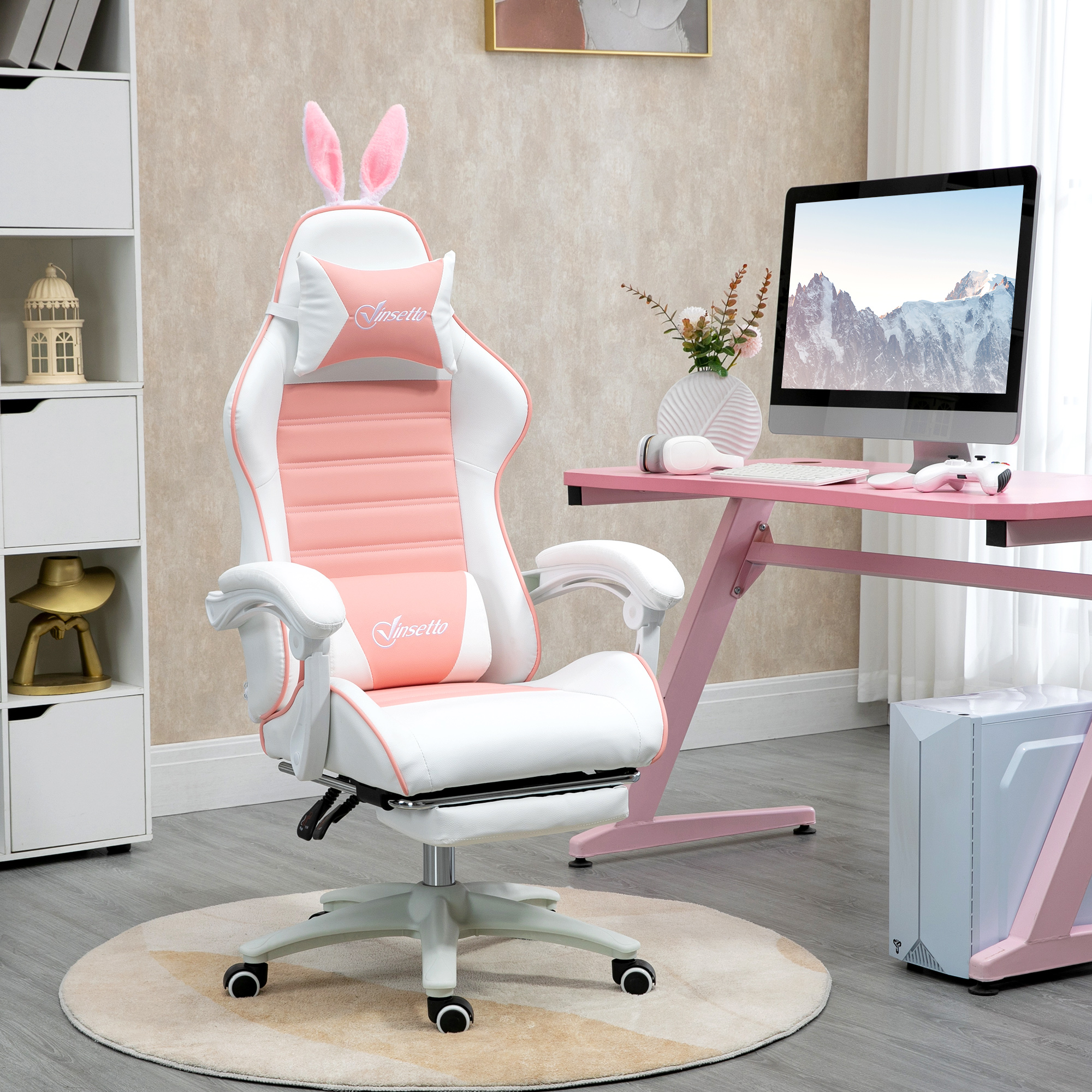 Gaming Stuhl Ergonomischer Gamer Stuhl mit Lendenwirbelstütze, Fußstütze Hasenohren Kopfkissen Rosa