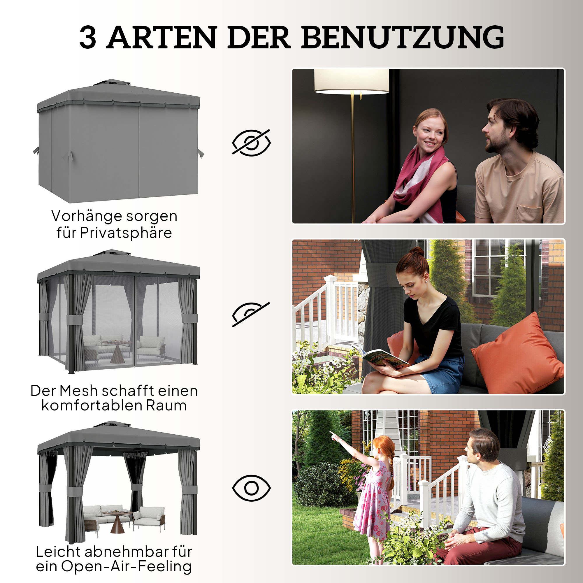 avillon ca. 3x3m Wasserabweisend Stabil Winterfest Gartenpavillon mit Doppeldach Reißverschluss-Moskitonetze