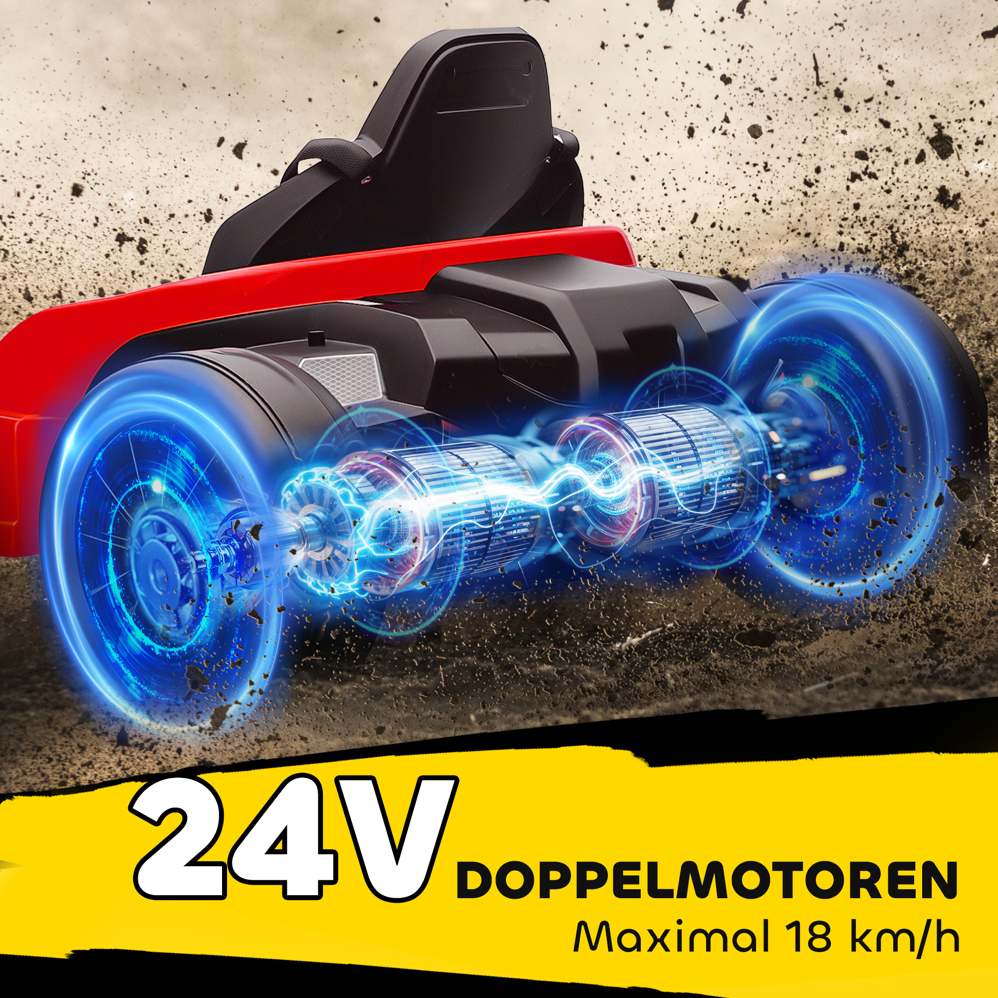 24V elektrisches Go-Kart, Drift-Modus, verstellbarer Sitz, 5-Punkt-Sicherheitsgurt, Musikfunktion, Hupe, 6-12 Jahre Rot