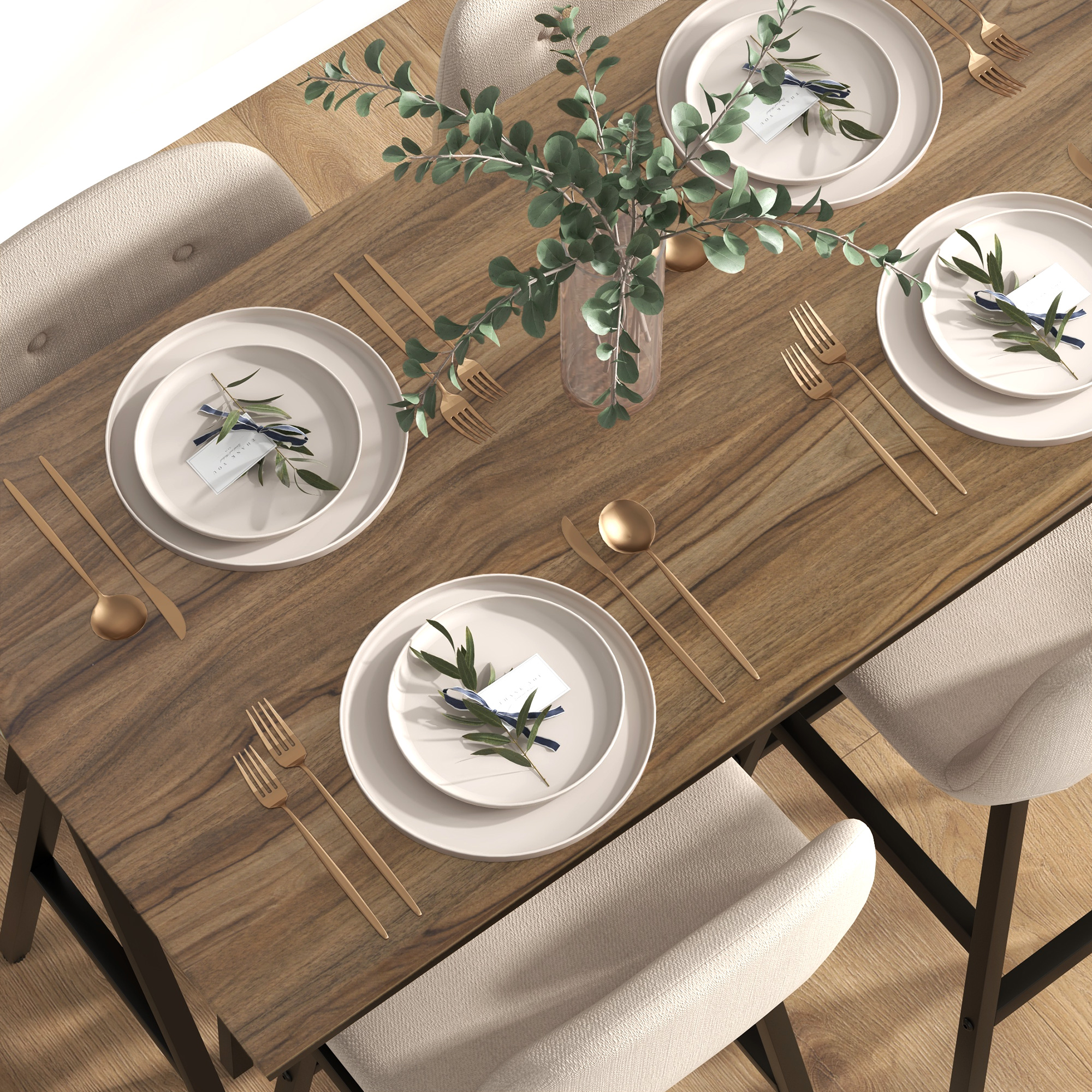 Bargarnitur 5-teilig, Tisch und 4 Stühle, Knopfheftung, dicke Polsterung, Leinenoptik, Beige