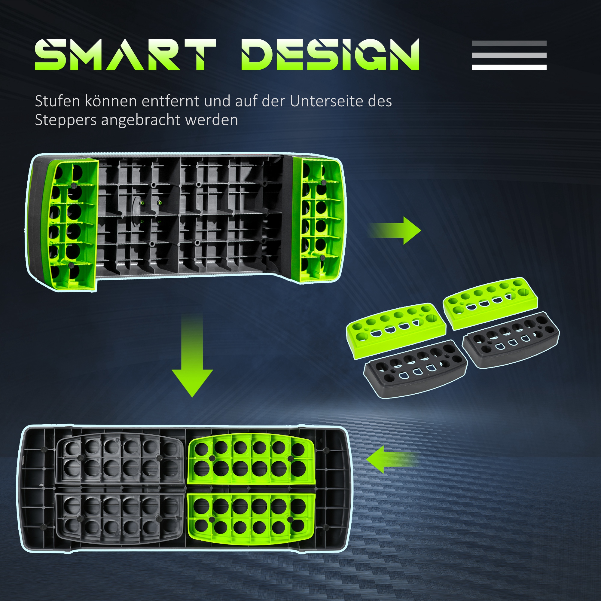 Aerobik-Stepper, 3-stufig höhenverstellbar, bis 150 kg, 78 x 28 x 20 cm, Grau/Grün