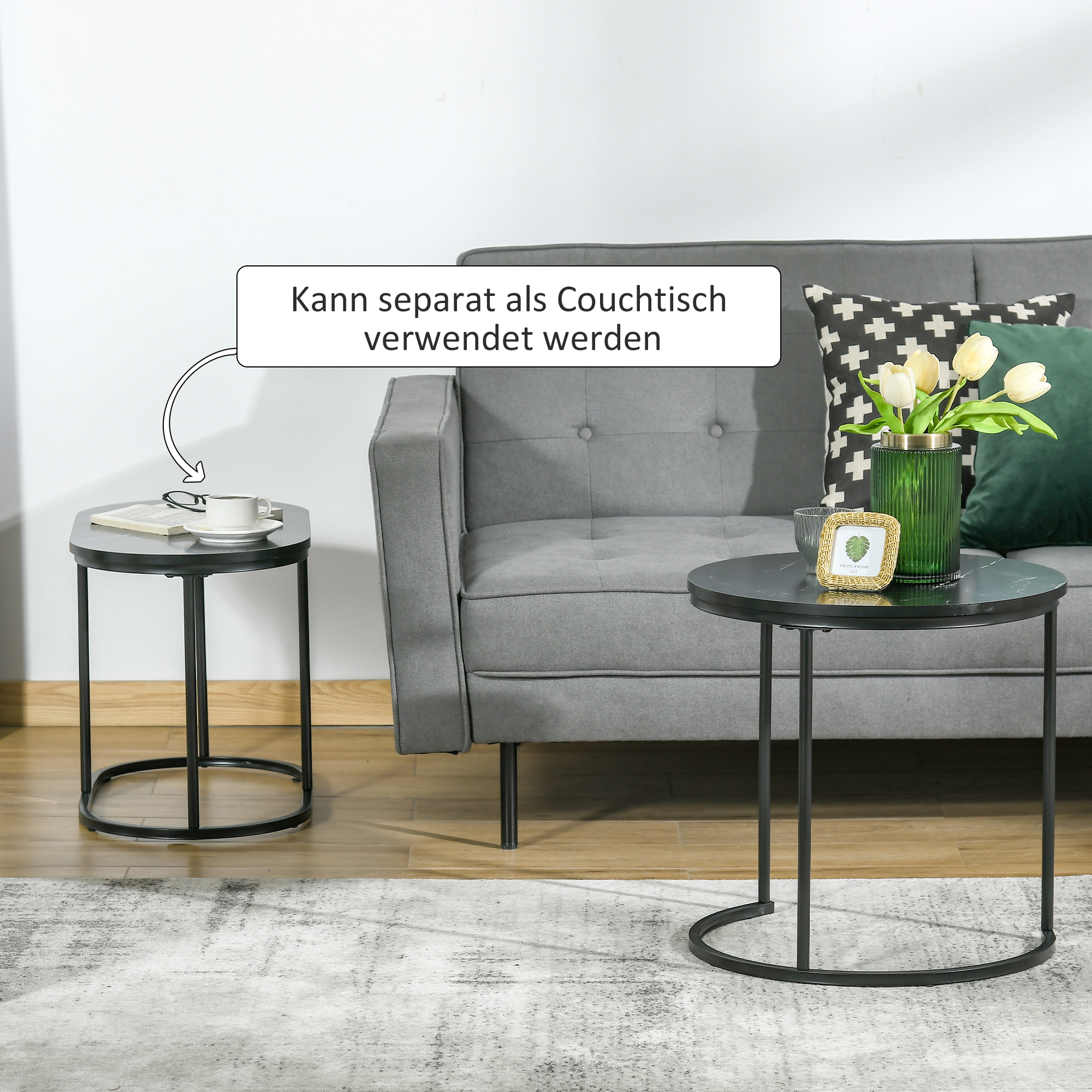 2er-Set Couchtisch, Ovaler und runder Kaffeetisch, stapelbar, Marmoroptik, MDF, Metall, Ø50 x 50,5H cm, Schwarz
