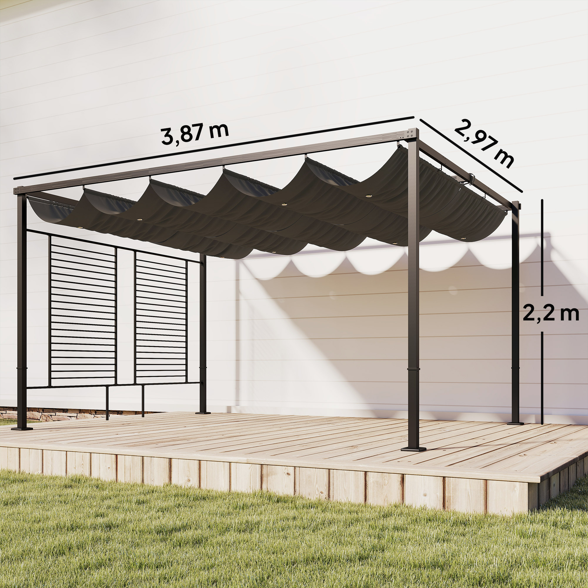 Pergola 3,87 x 2,97 m Terrassenüberdachung mit Schiebedach, 2 Sichtschutz, UV 50+ Dunkelgrau