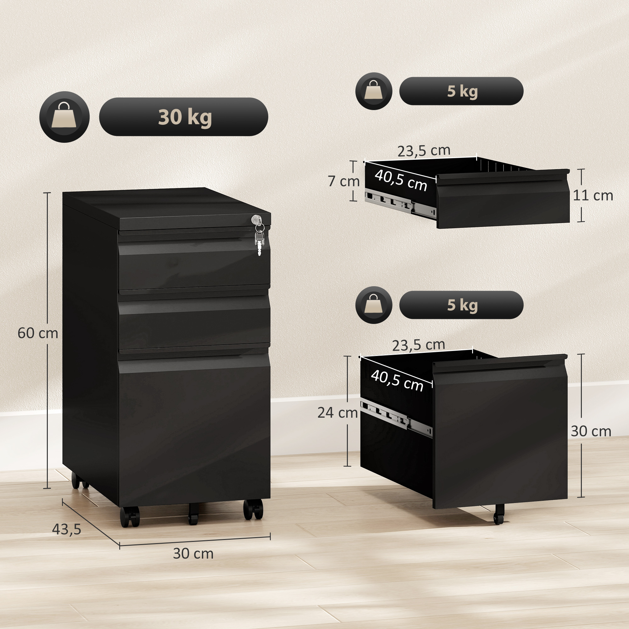 Aktenschrank aus Metall, Büroschrank, 3 Schubladen, rollbar, Schwarz