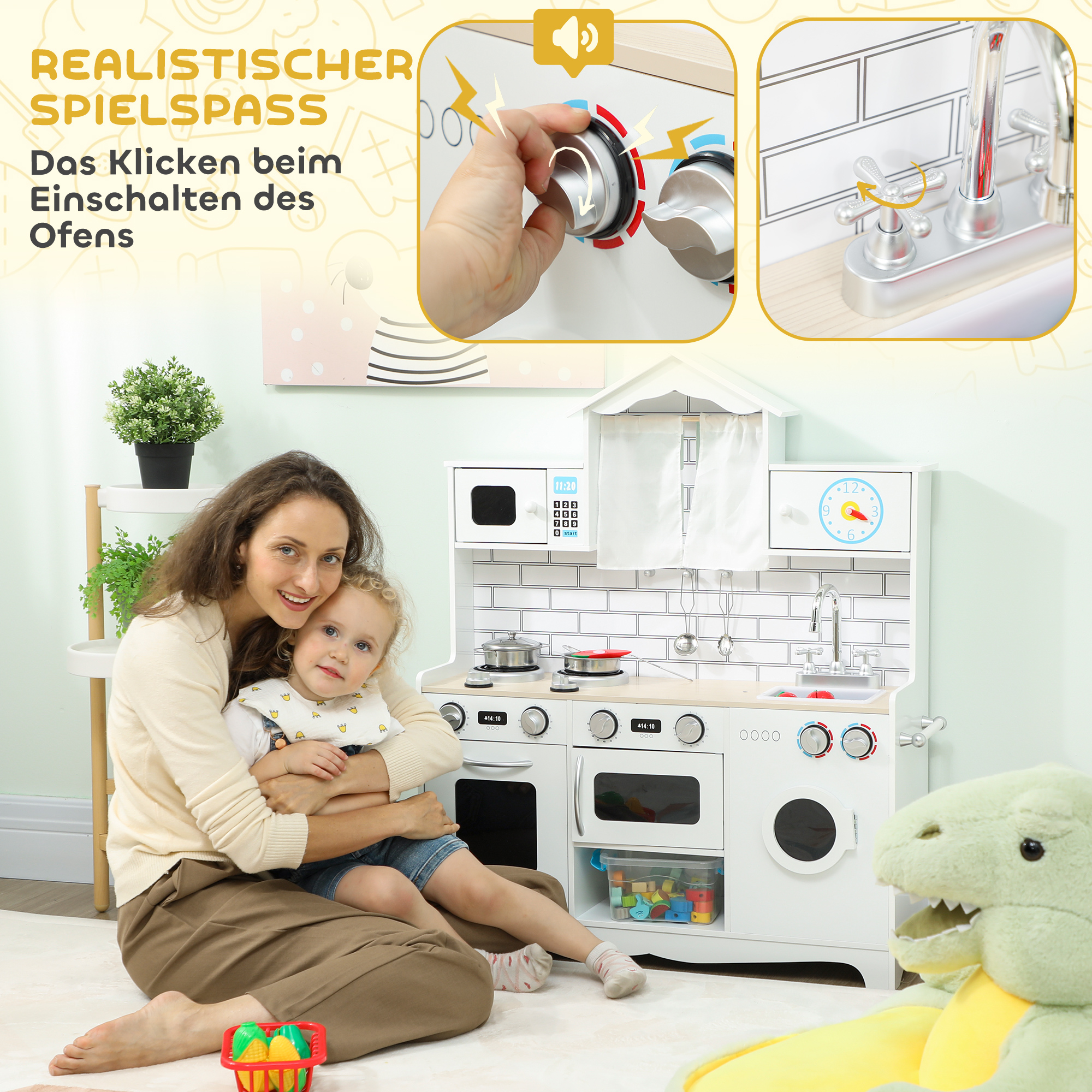 Kinderküche Spielküche mit Ofen Spüle Soundfunktion und Zubehör Geschenk für Mädchen Jungen 3-6 Jahren Weiß