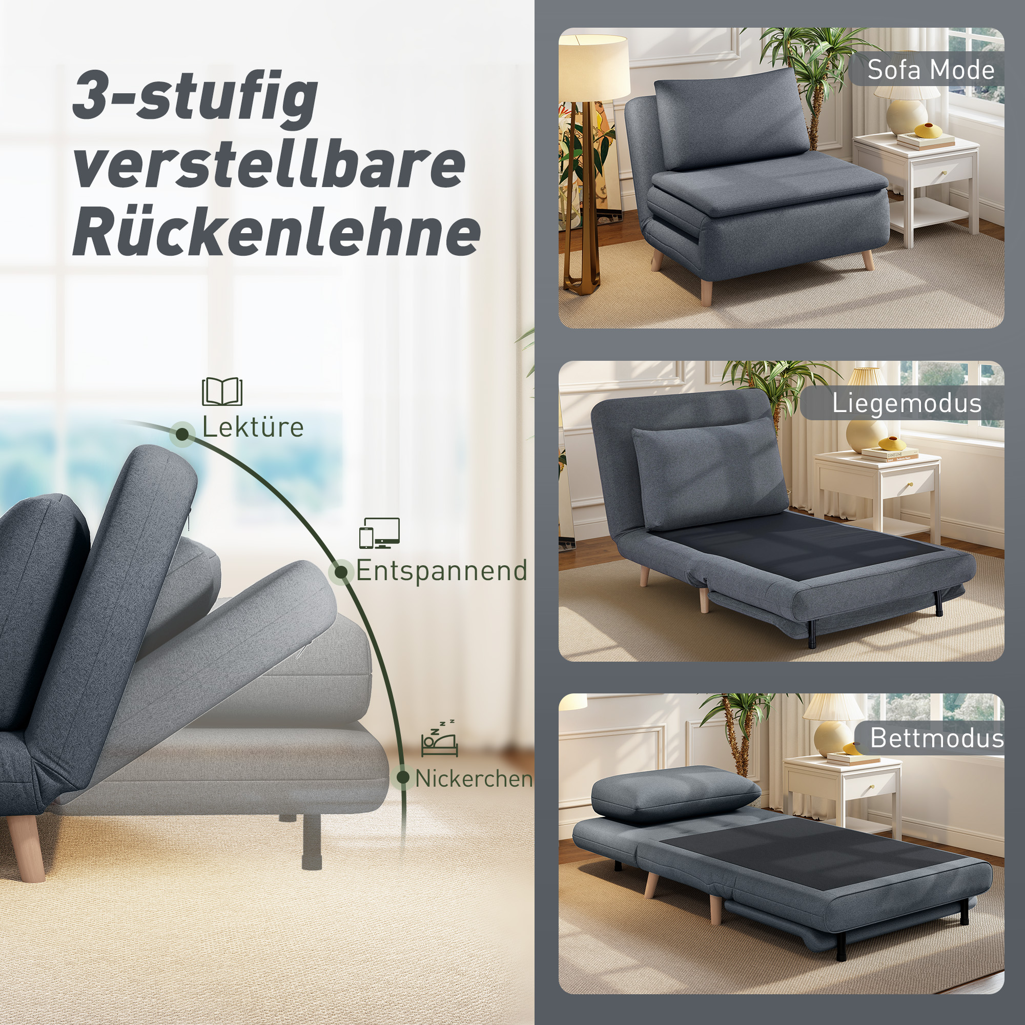 3-in-1 Schlafsessel mit Bett-Funktion, Liegesessel, verstellbare Rückenlehne, Buchenholzbeine, Kissen, Grau