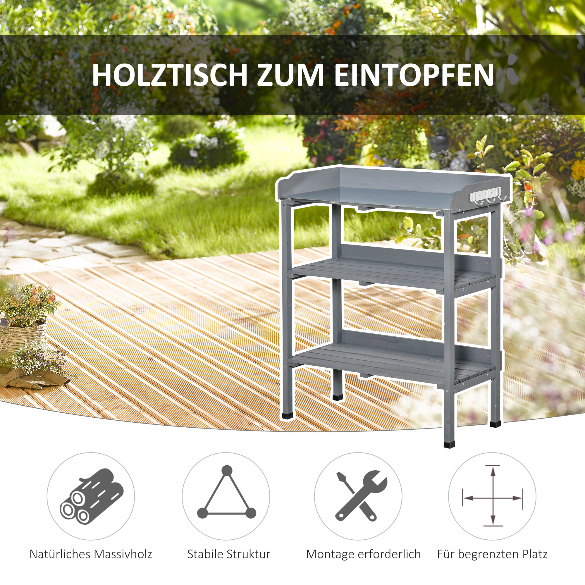 Pflanztisch Gärtnertisch Blumentisch mit Metall Arbeitsfläche Garten Holz Grau 76 x 37 x 89 cm