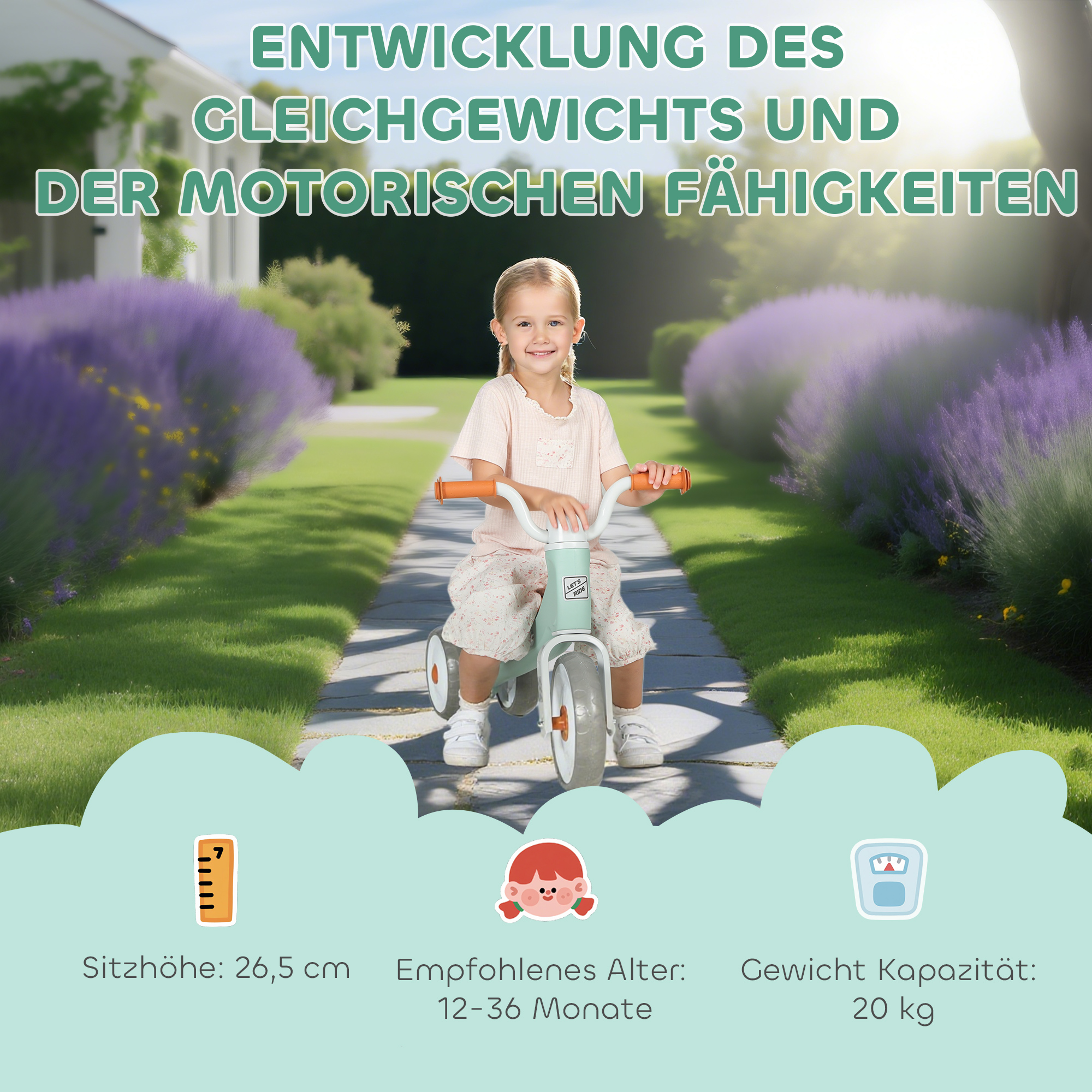 Toddler Balance Bike with No Pedal, 3 Silence Wheels for 12-36 Months Boys and Girls, Indoor Outdoor, Green