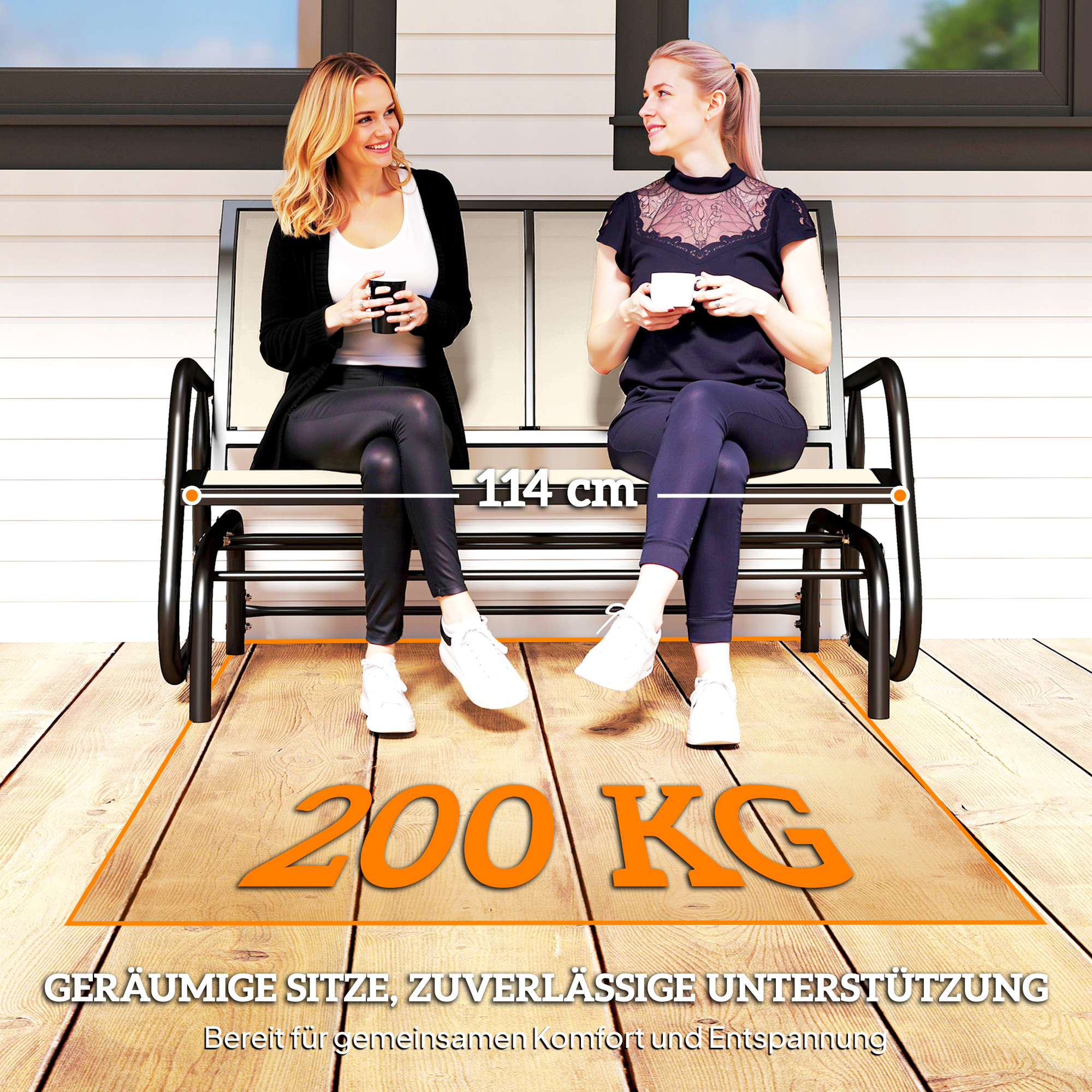 2-Sitzer Schaukelstuhl Gartenbank mit Schaukelmechanismus Gartenschaukel Sitzbank aus Metall Parkbank bis 200 kg belastbar Gartenmöbel für Garten, Terrasse, 120 x 70 x 85 cm Schwarz+Beige