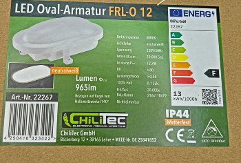 LED Oval-Armatur "FRL-O 12" IP44, Feuchtraum-Leuchte, 13W, 965lm, 4000K