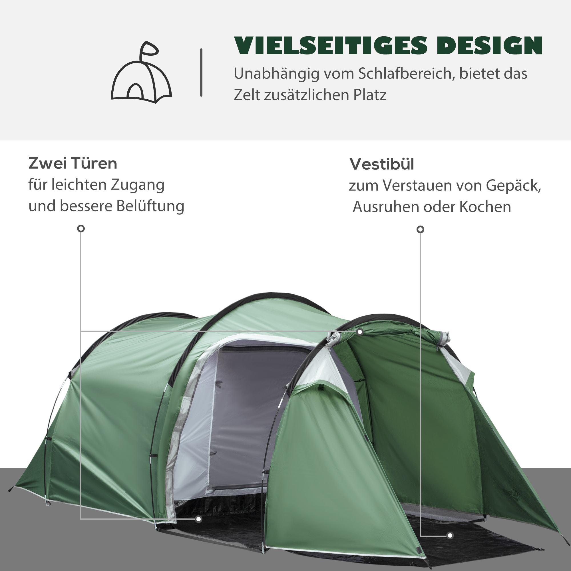 Campingzelt für 2-3 Personen stabil wasserdicht Familienzelt mit Seitentür Fenster Packtasche, Zelt mit 2000mm Wassersäule Tunnelzelt Kuppelzelt für Camping Reise Trekking Garten, Dunkelgrün