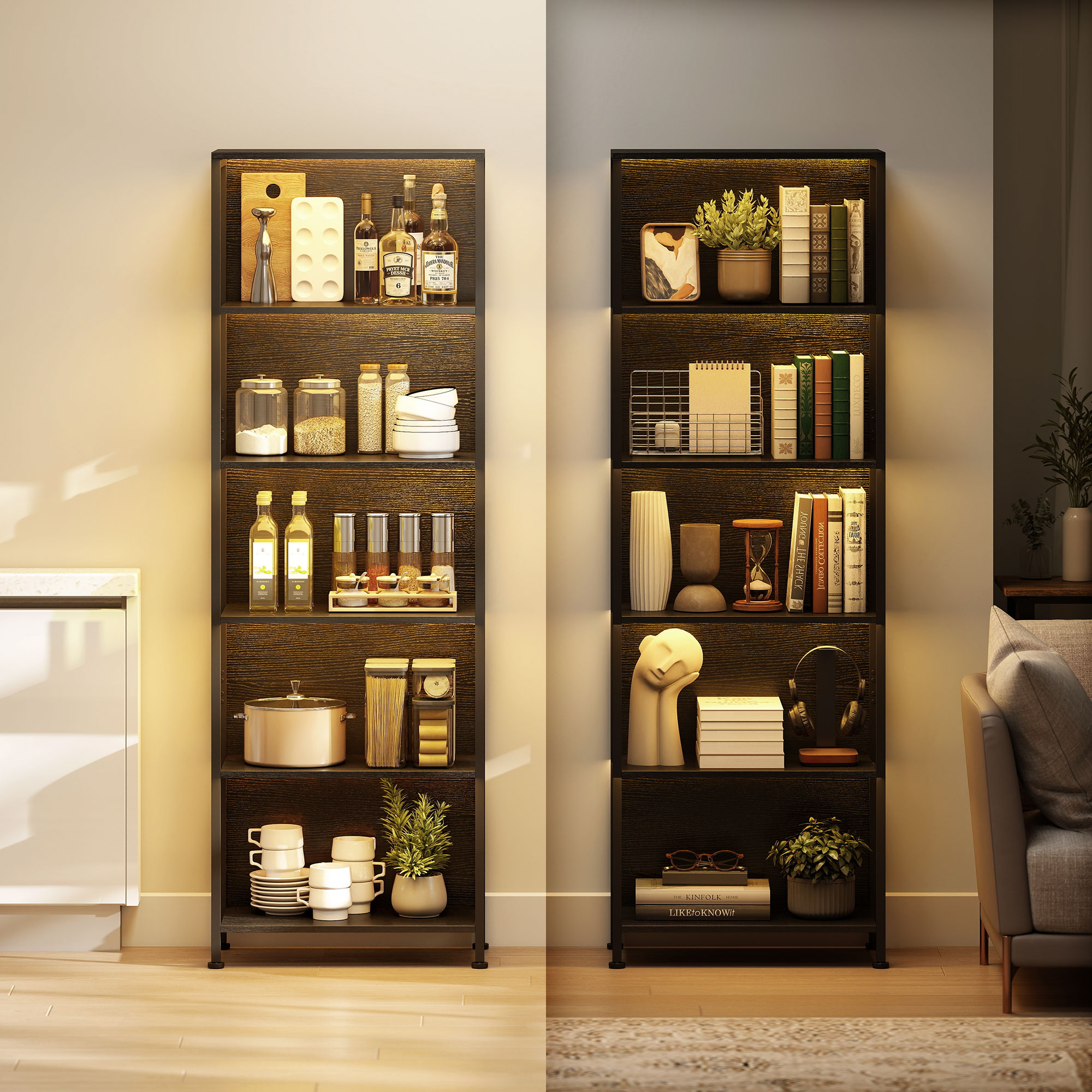 Bücherregal mit 5 Ebenen Standregal mit LED-Beleuchtung, 7 Lichtfarben, für Wohnzimmer, 60 x 30 x 179 cm Schwarz