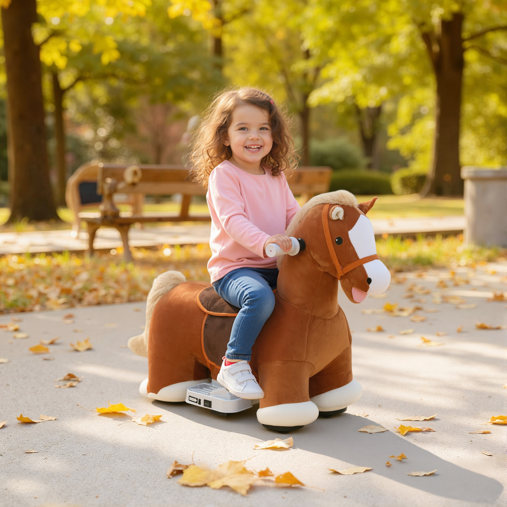 fahrbares Reitpferd für Kinder, weicher Bezug, Batteriebetrieb, Musik, Räder, 1,5-5 Jahre, Braun