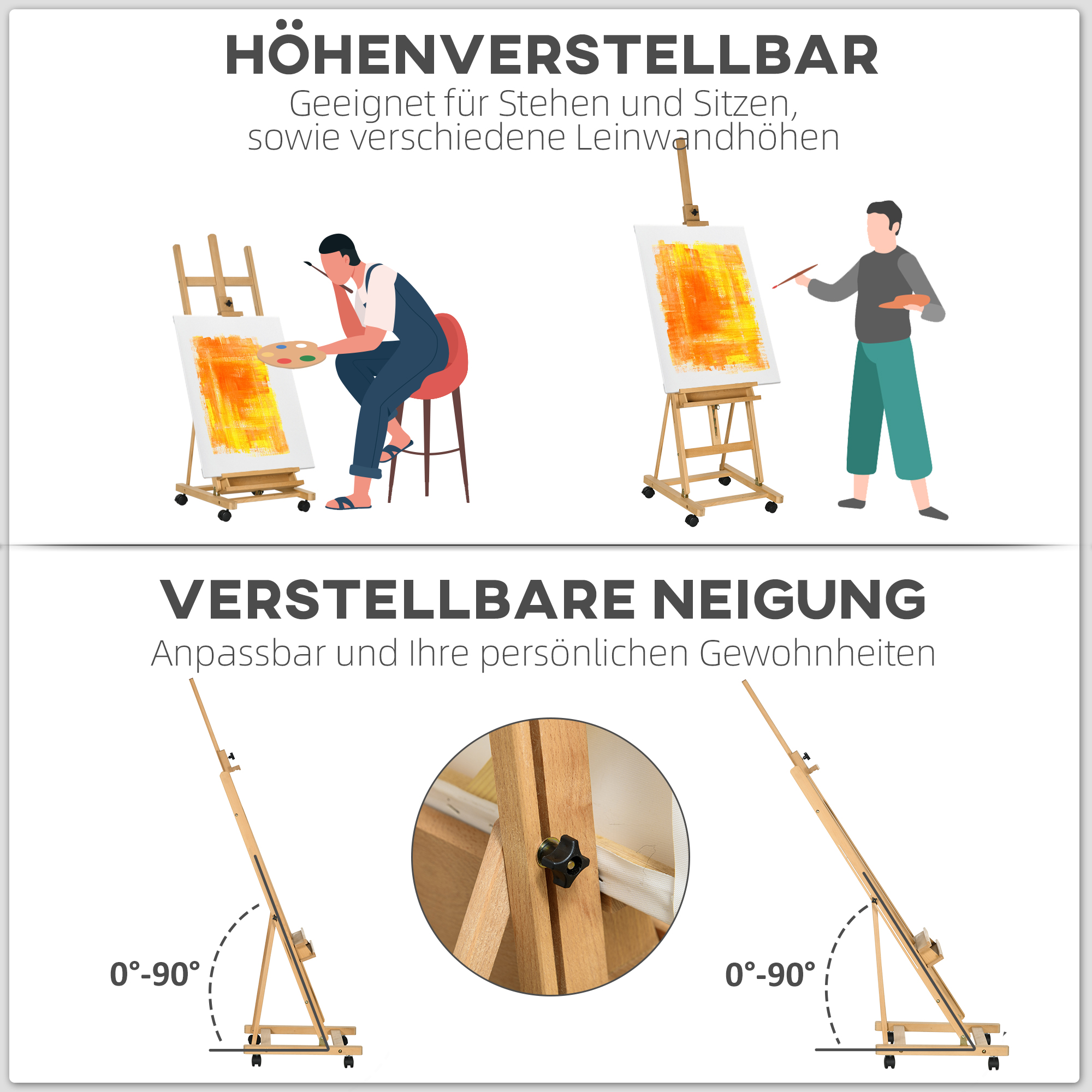 Staffelei, Künstlerstaffelei, Höhenverstellbar, 4 Rollen, Natur + Schwarz