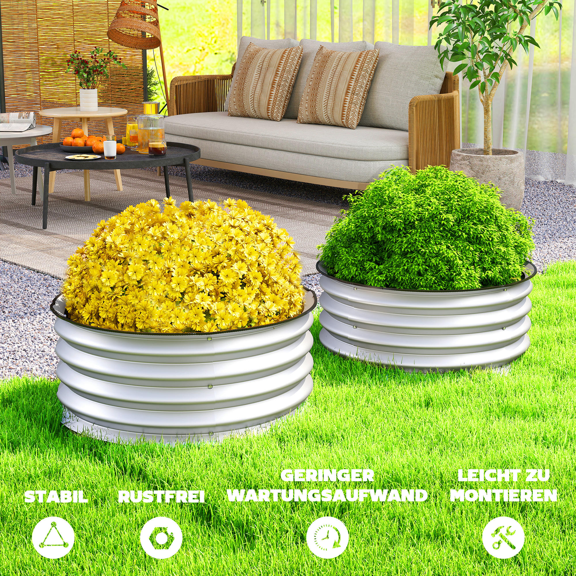 2er-Set Hochbeet Pflanzenbeet, modulares Hochbett, 2 Stück, ohne Boden, Ø60 x 30 cm. Silber