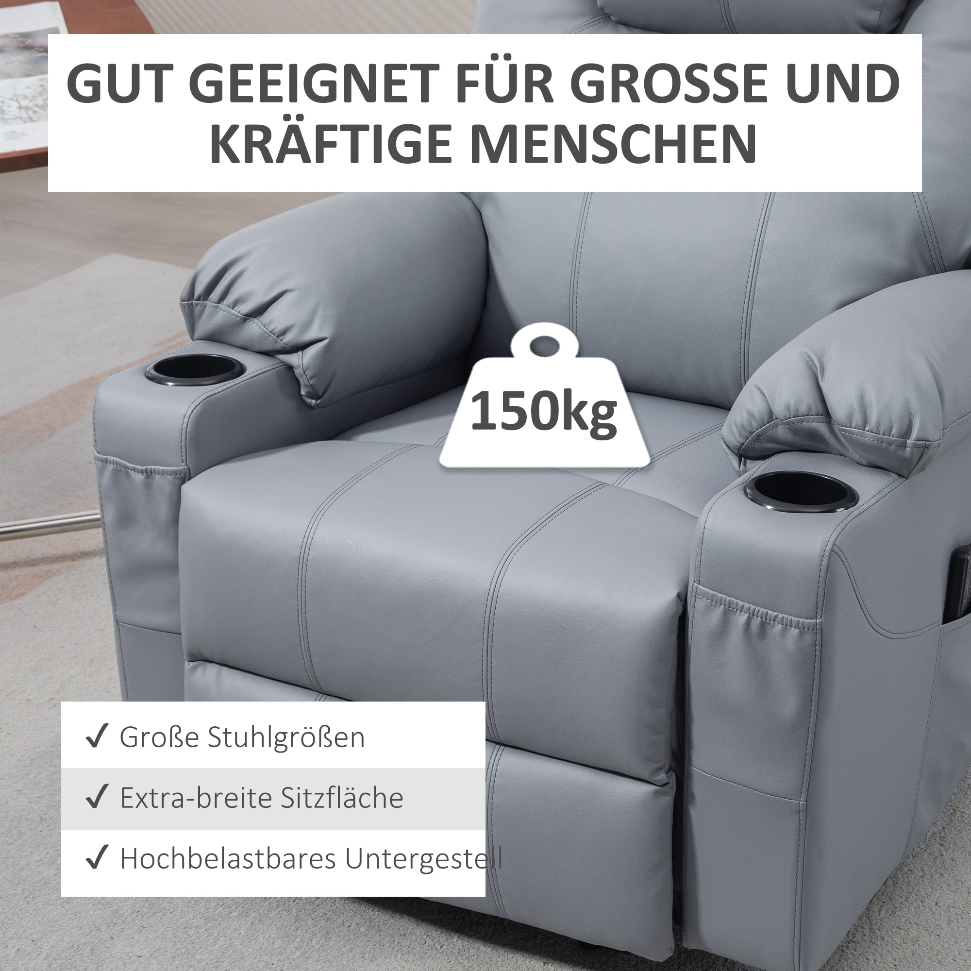 Massagesessel Aufstehhilfe Seniorensessel, 8 Massagemodi, neigbare Rückenlehne, 88c m x 99 cm x 106 cm,Grau