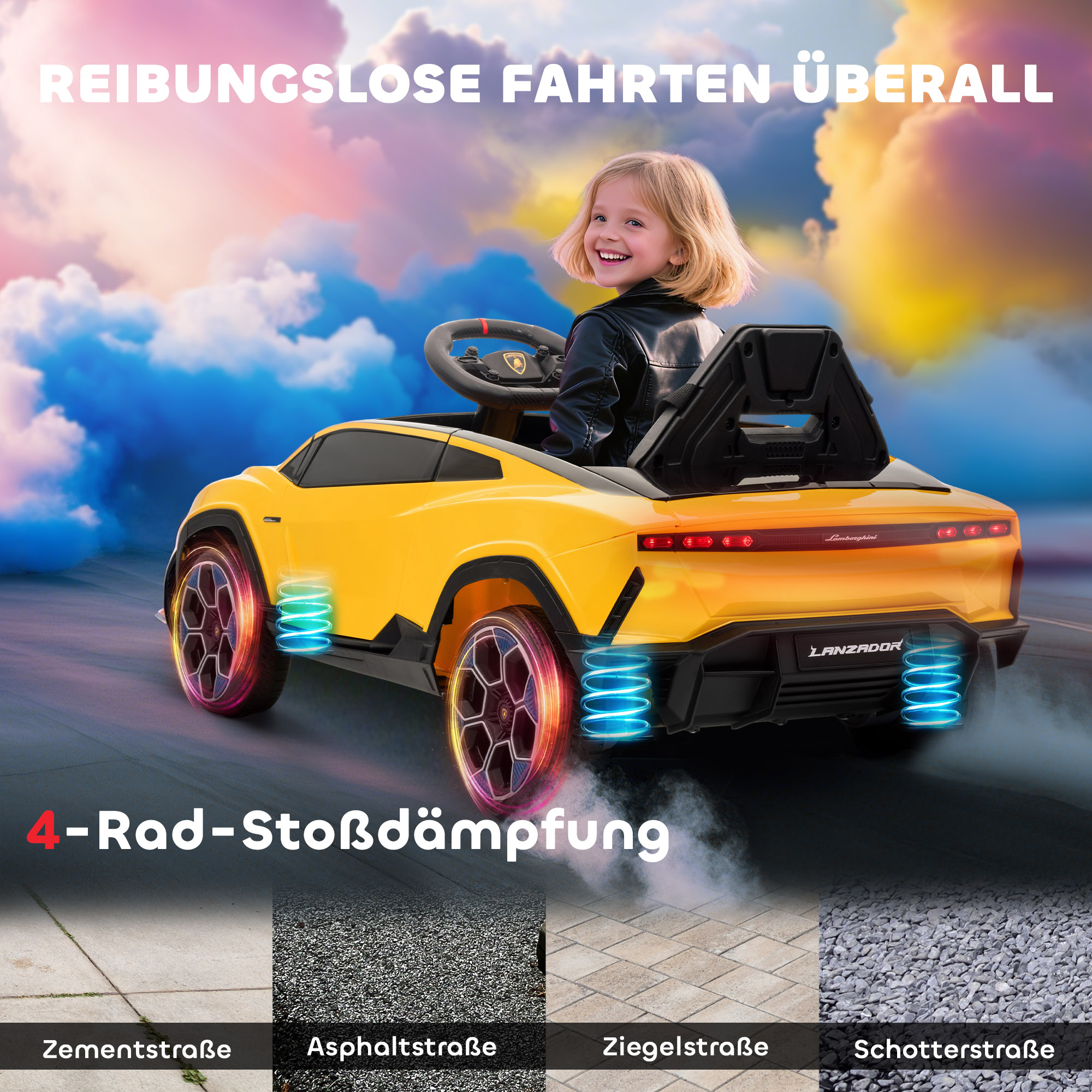 Kinder Elektroauto 12V Kinderauto mit 2,4 GHz Fernbedienung, 2 Motor, Hupe, LED, Musik, 101,5 x 49 x 43 cm, Gelb