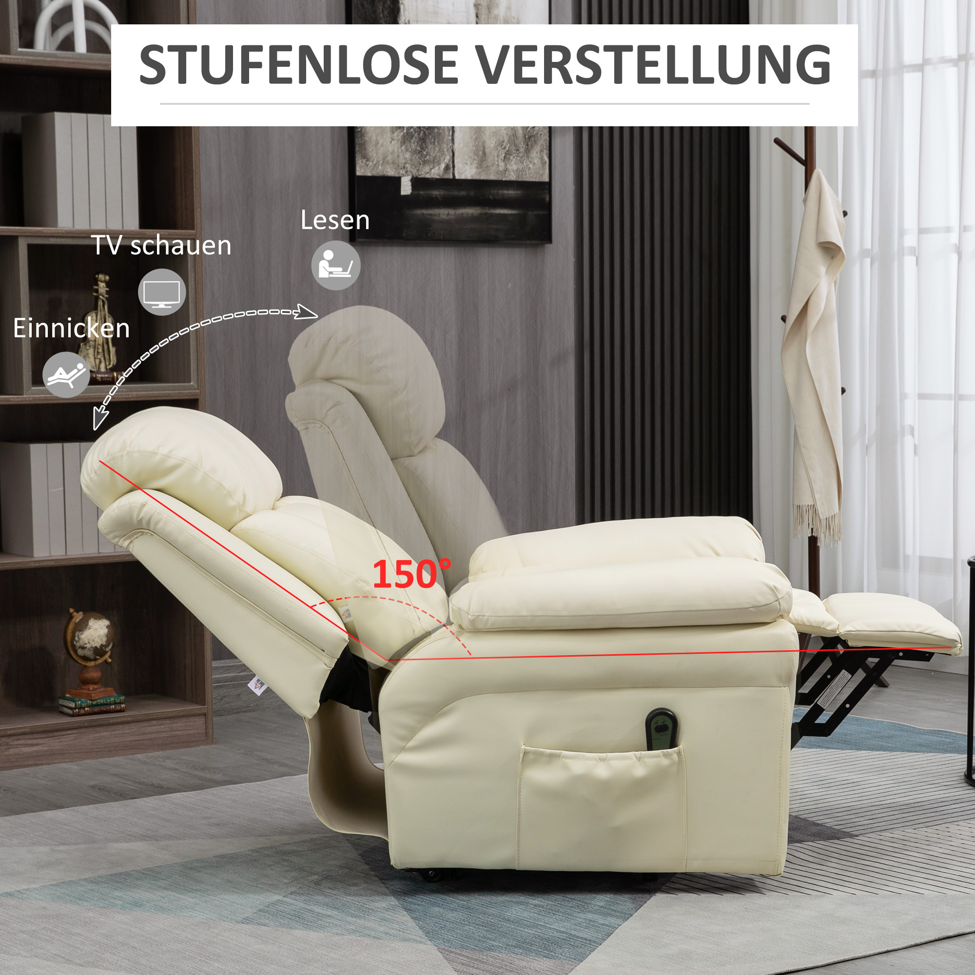 Relaxsessel mit Aufstehhilfe, inkl. Fußstütze und Kopfstütze, 1 Fernbedienung, Cremeweiß