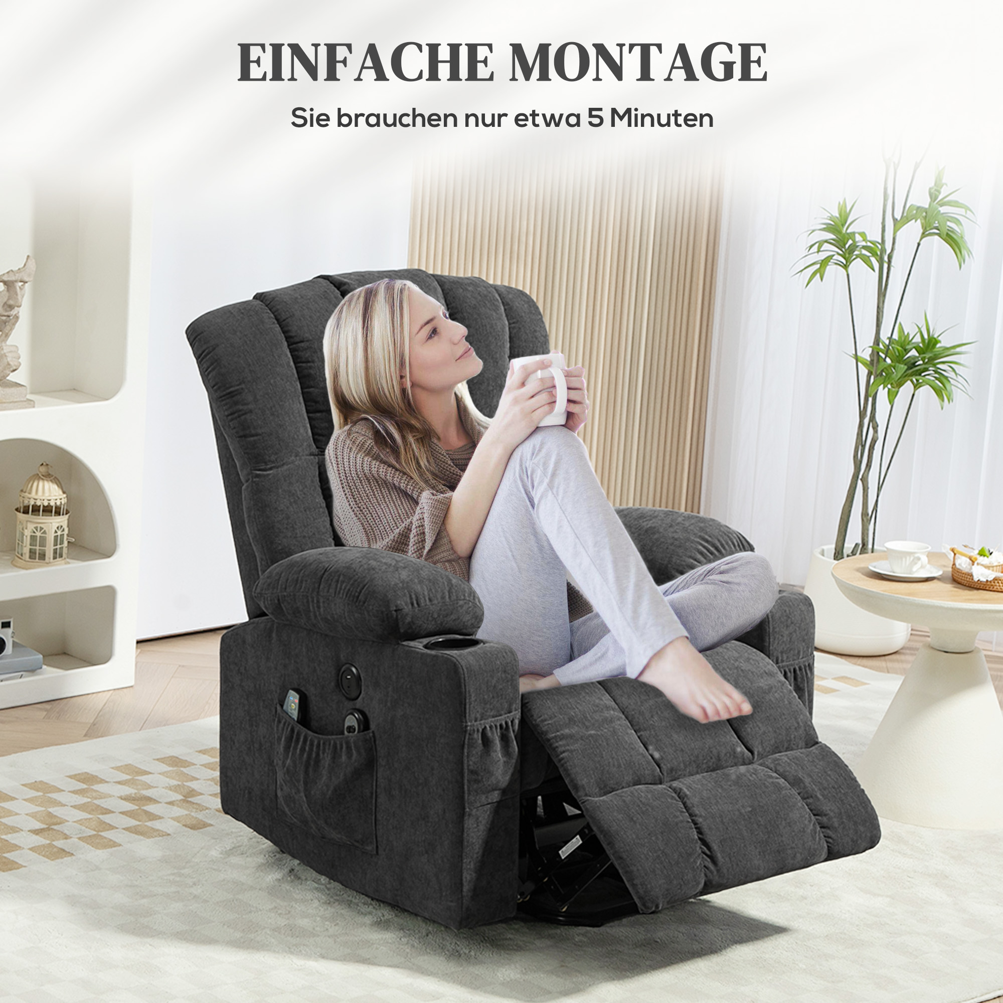 Elektrischer Power Lift Aufsteh-Sessel mit Massage- und Wärmefunktion, USB-Anschlüssen, Becherhaltern, Dunkelgrau