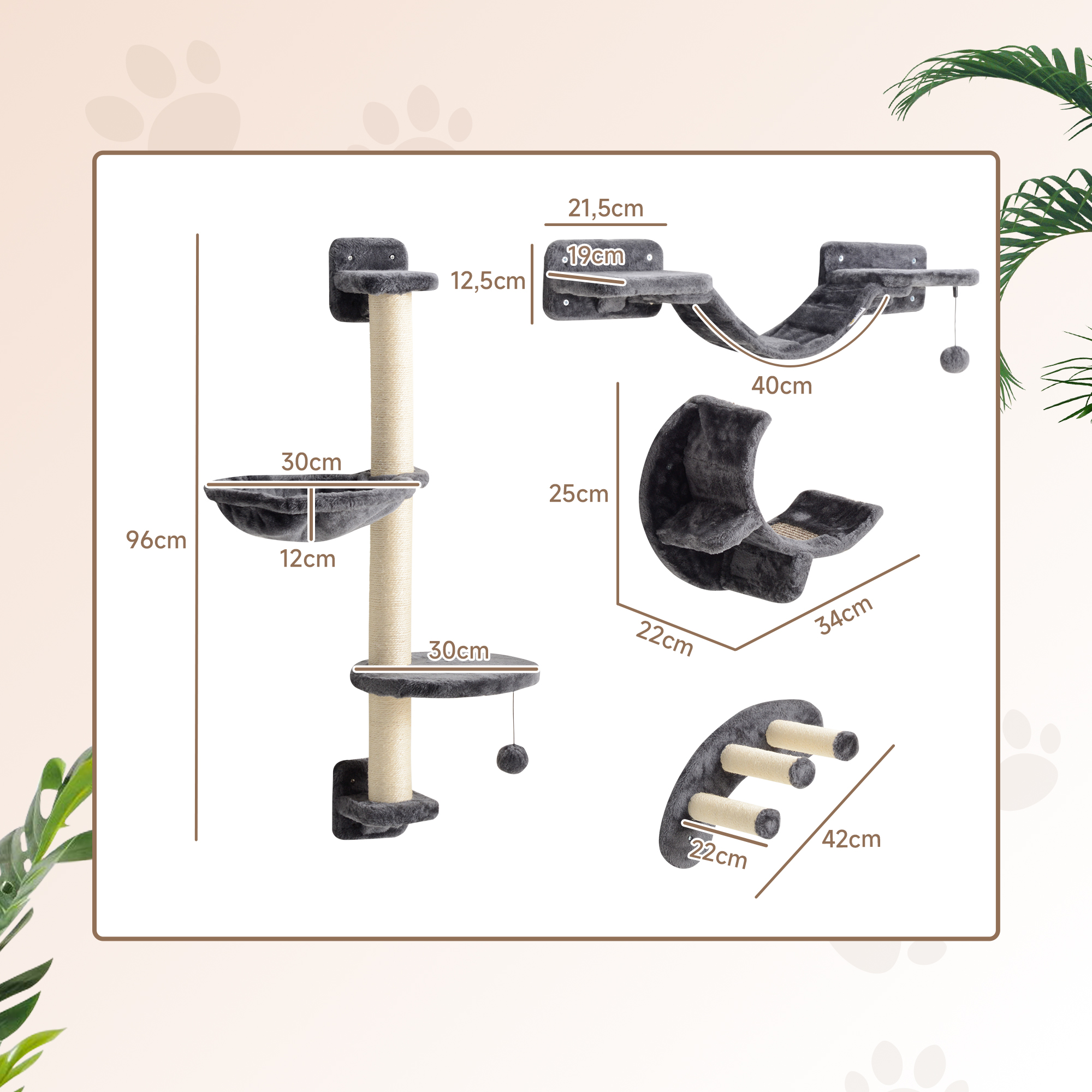 Kletterwand Katzen 4-teilig Katzen Kletterwand Set mit Hängematte, Katzenbrücke bis zu 5 kg, Dunkelgrau