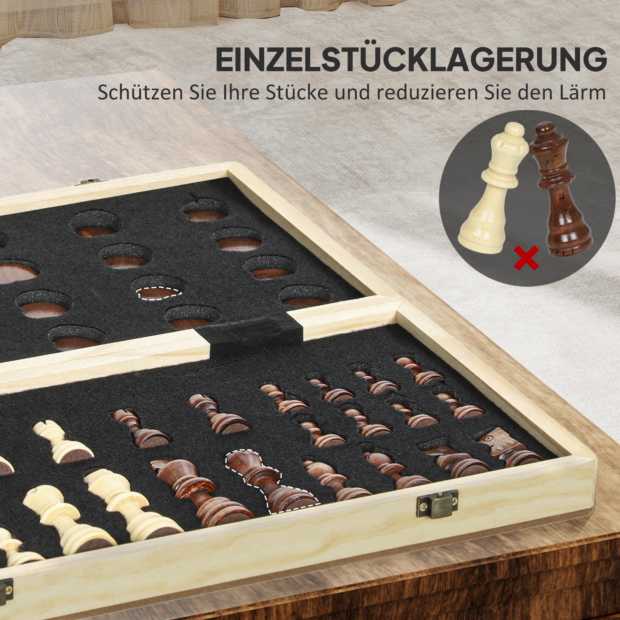 faltbares Spiele-Set, Schach und Dame, kompakter Koffer, Walnuss, Zubehör